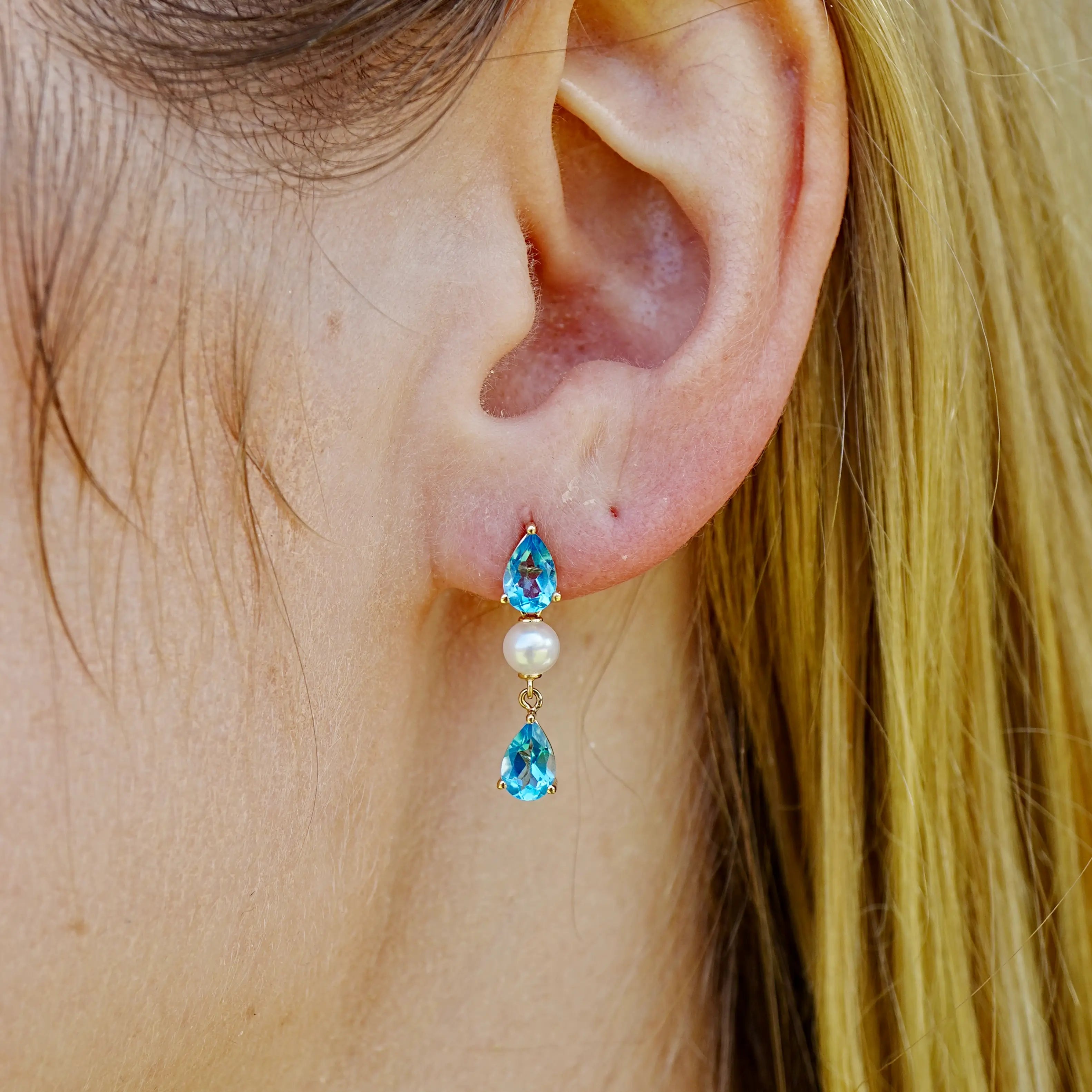 Venus Tears Natural Blue Topaz Pearl Drop Earrings 14k Yellow Gold