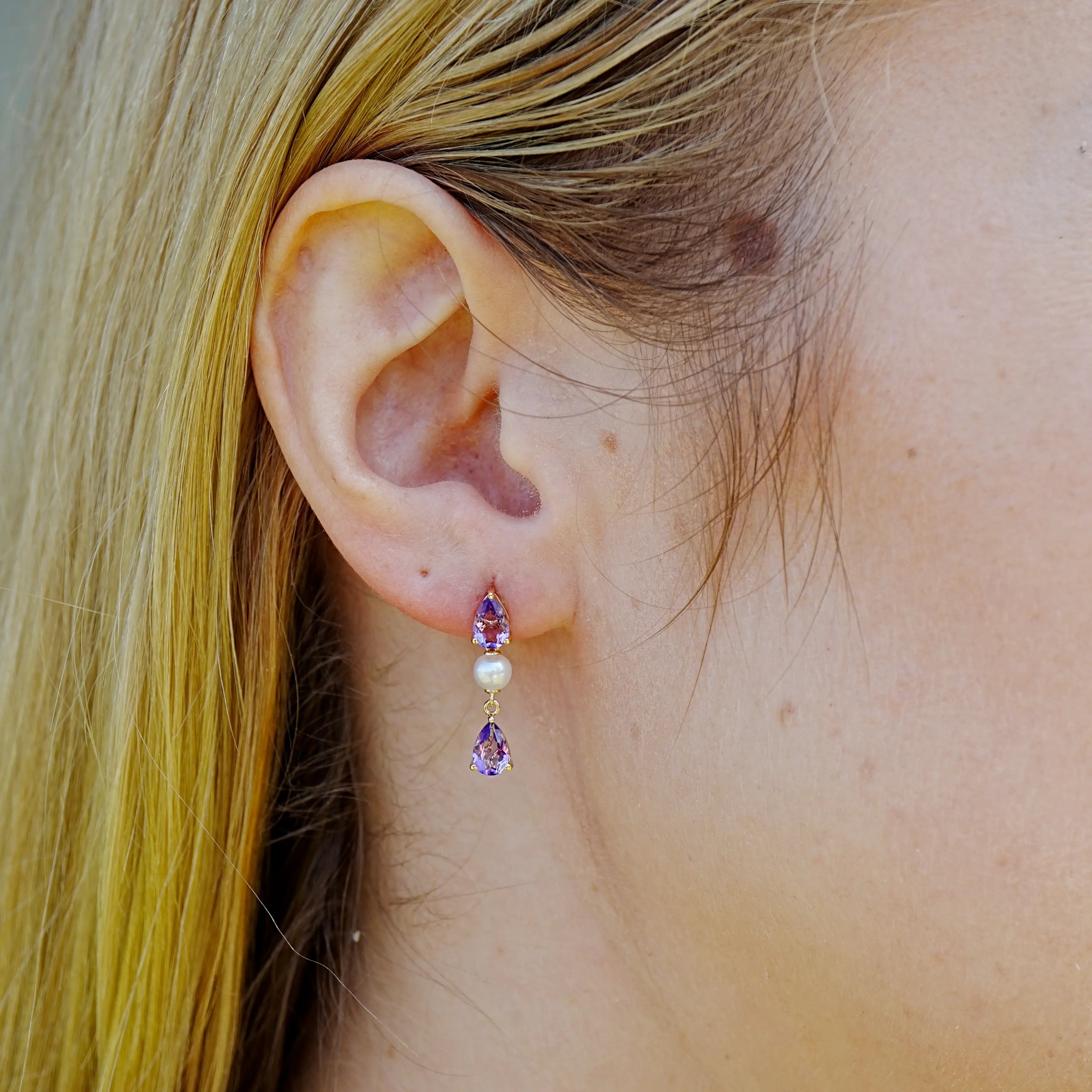 Venus Tears Natural Purple Amethyst Pearl Drop Earrings 14k yellow gold
