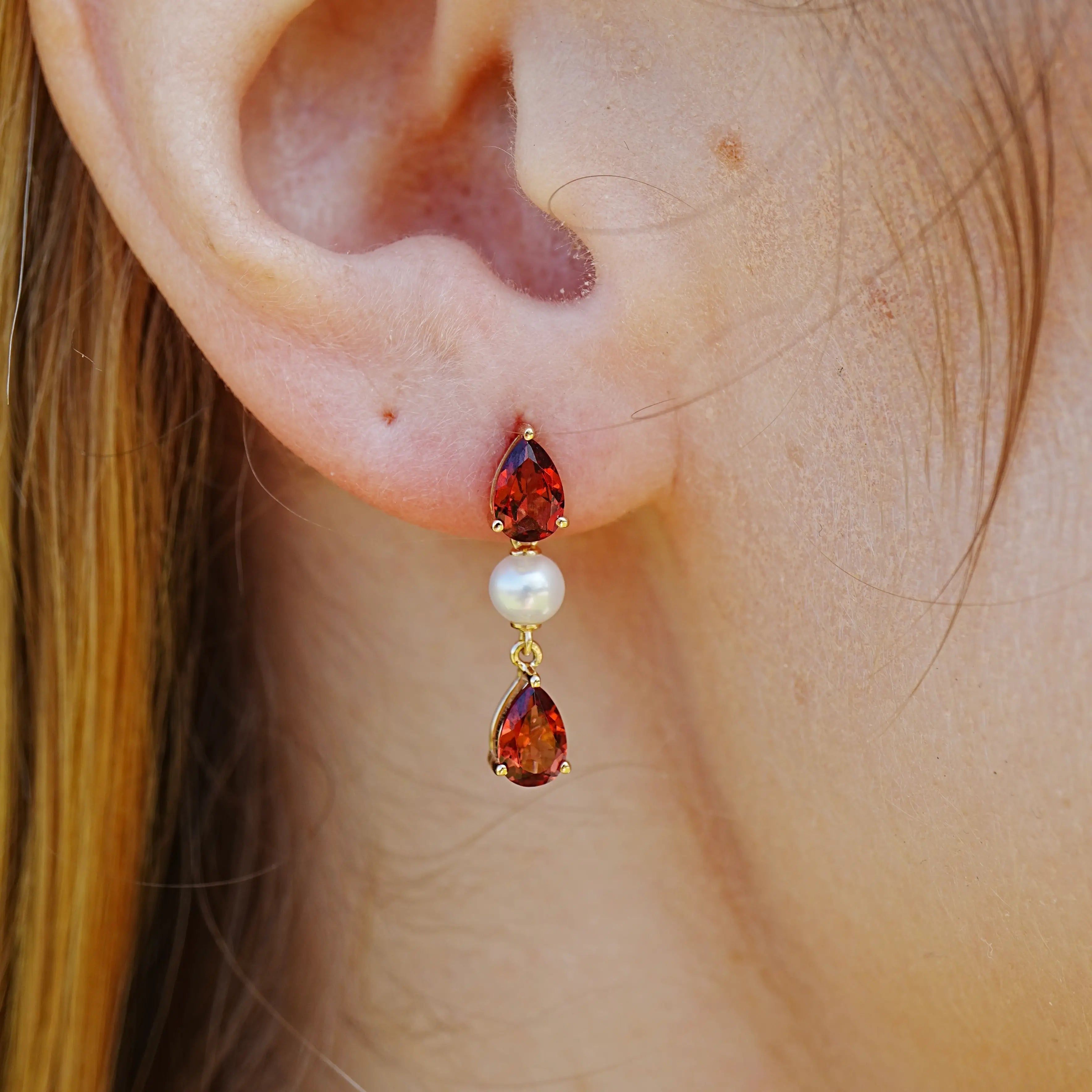 Venus Tears Natural Red Garnet Pearl Drop Earrings 14k yellow gold