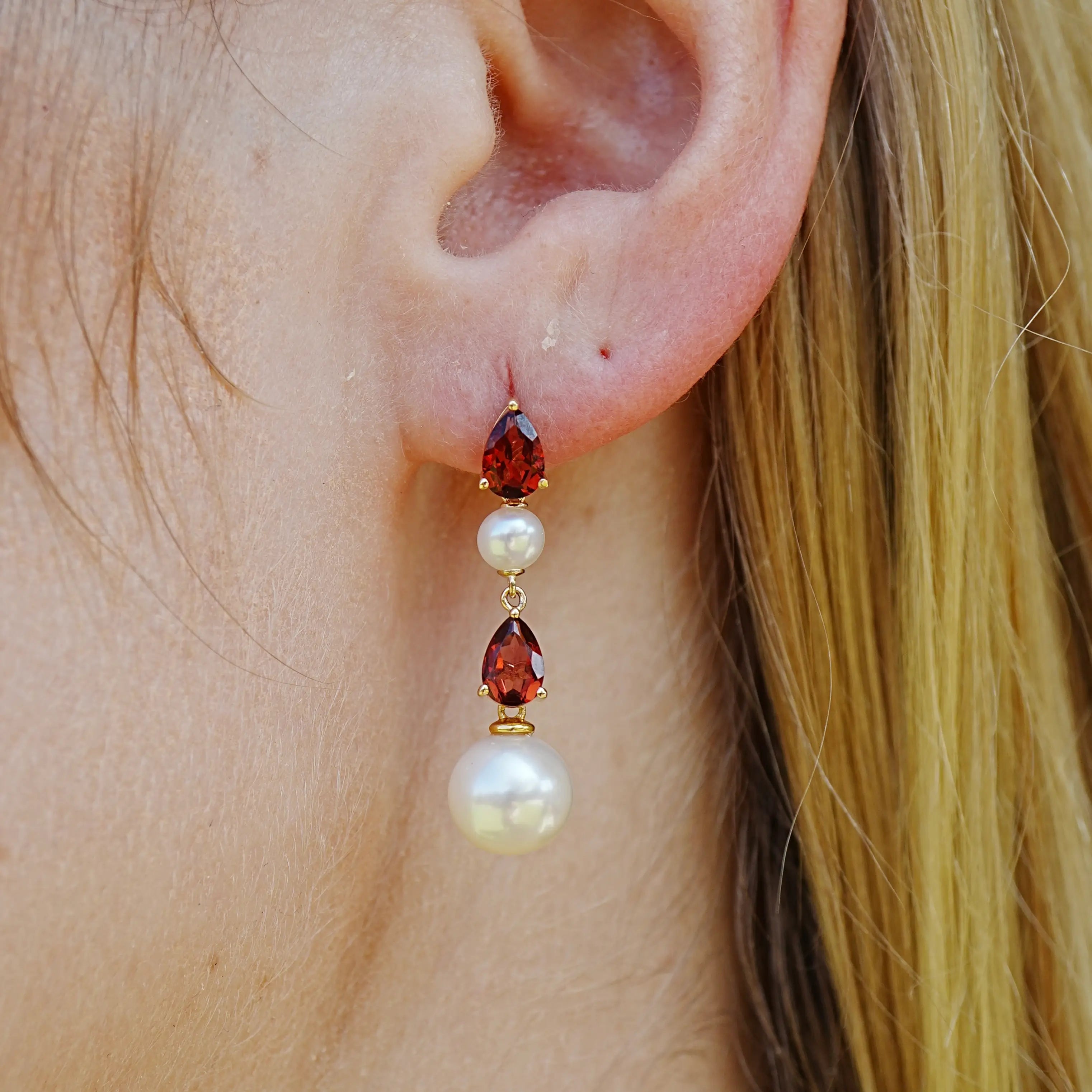 Venus Tears Natural Garnet Duo Cultured Pearl Drop Earrings 14k Yellow Gold