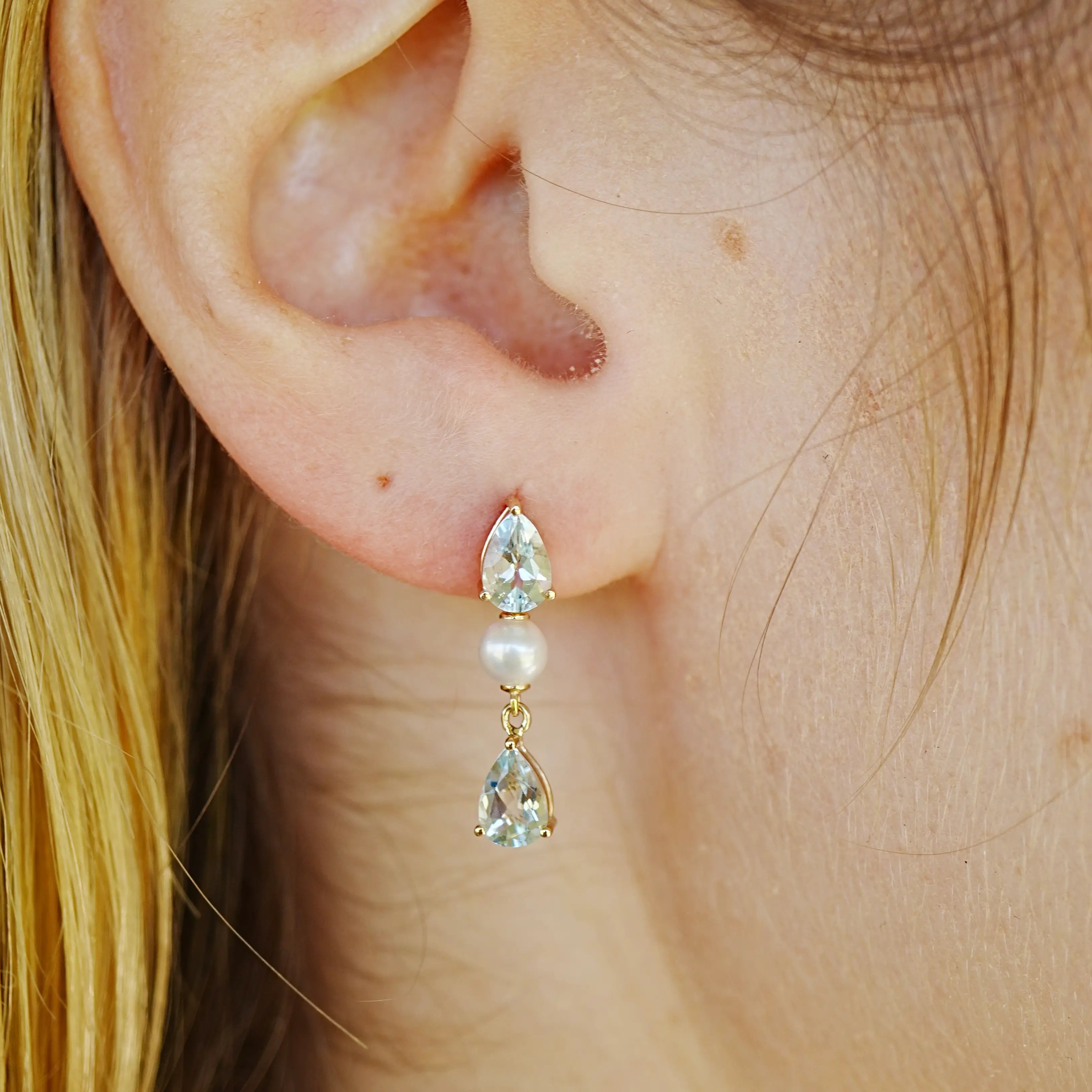 Venus Tears Natural Aquamarine Pearl Drop Earrings 14k yellow gold