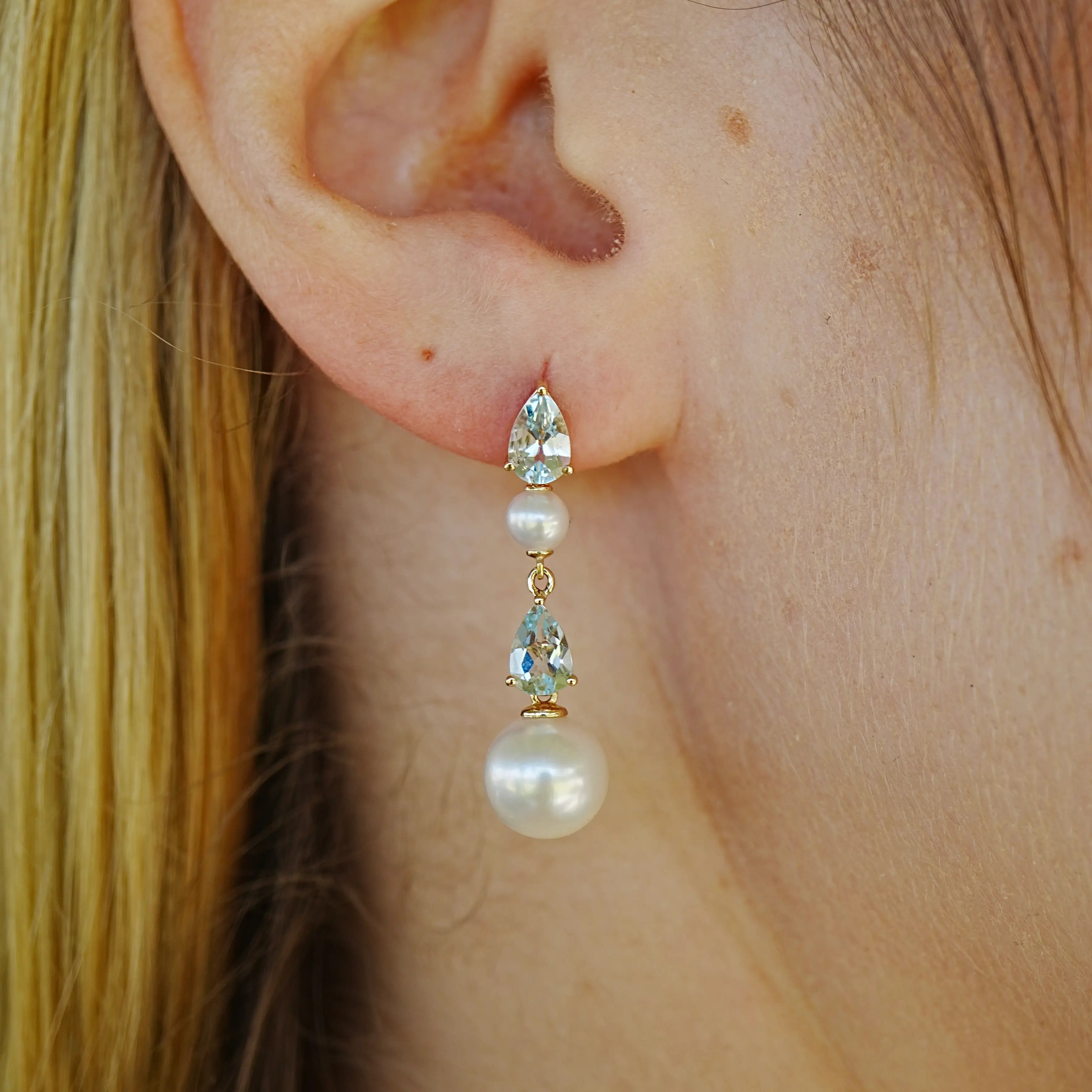 Venus Tears Natural Aquamarine Duo Pearl Drop Earrings 14k Yellow Gold