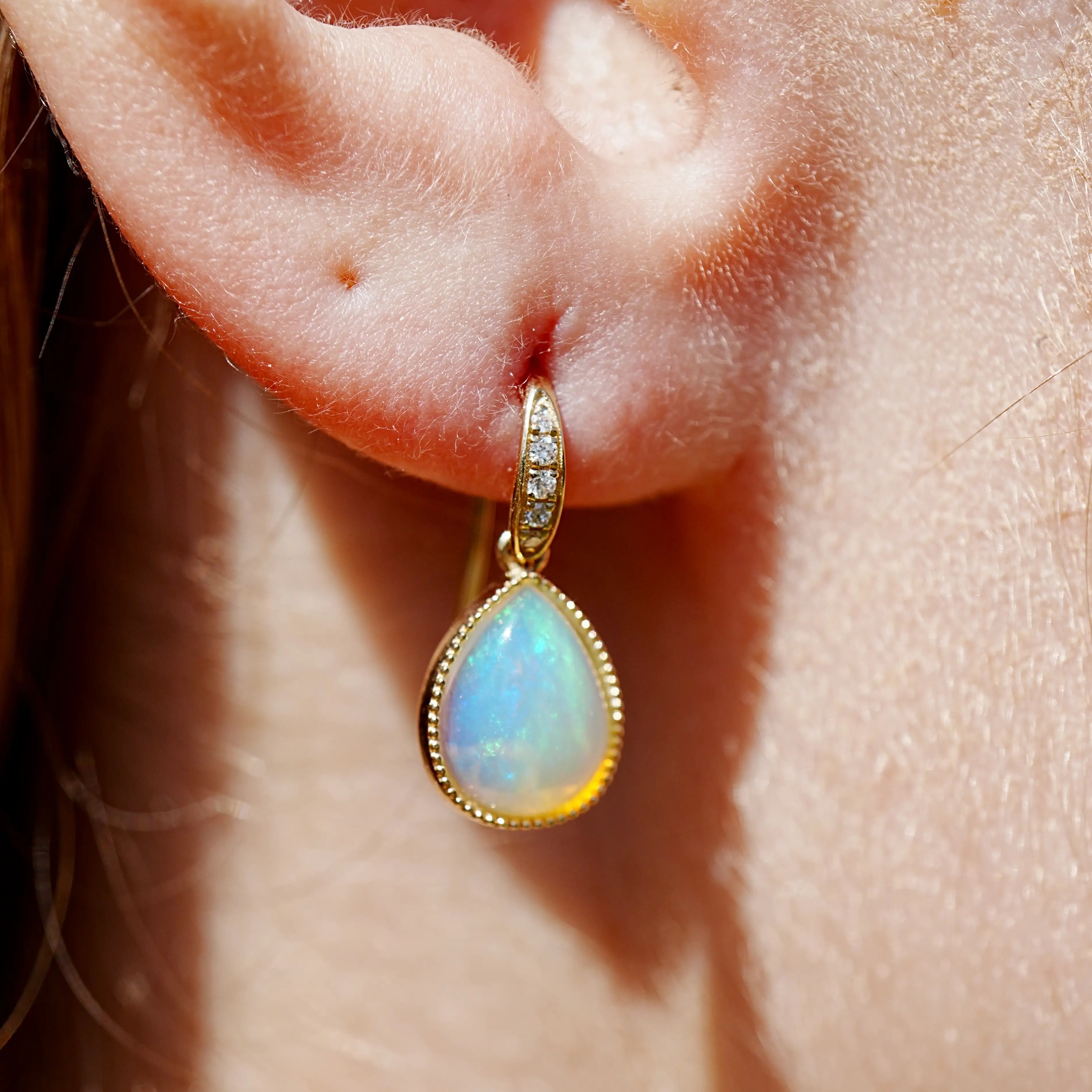 Aurora Pear Natural Fire Opal Diamond Drop Earrings 14k yellow gold