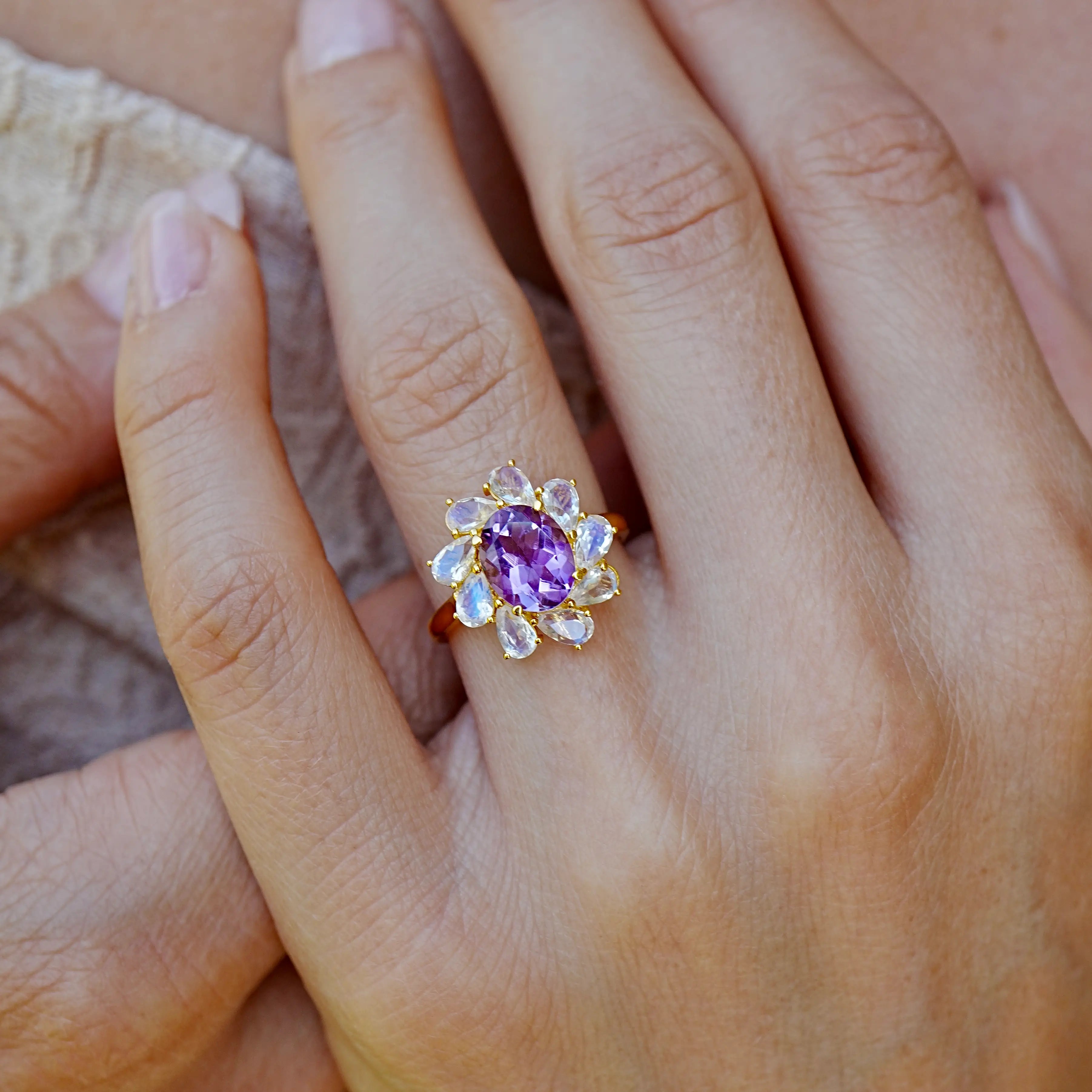 Mellissa Natural Amethyst Moonstone Ring 14k yellow gold