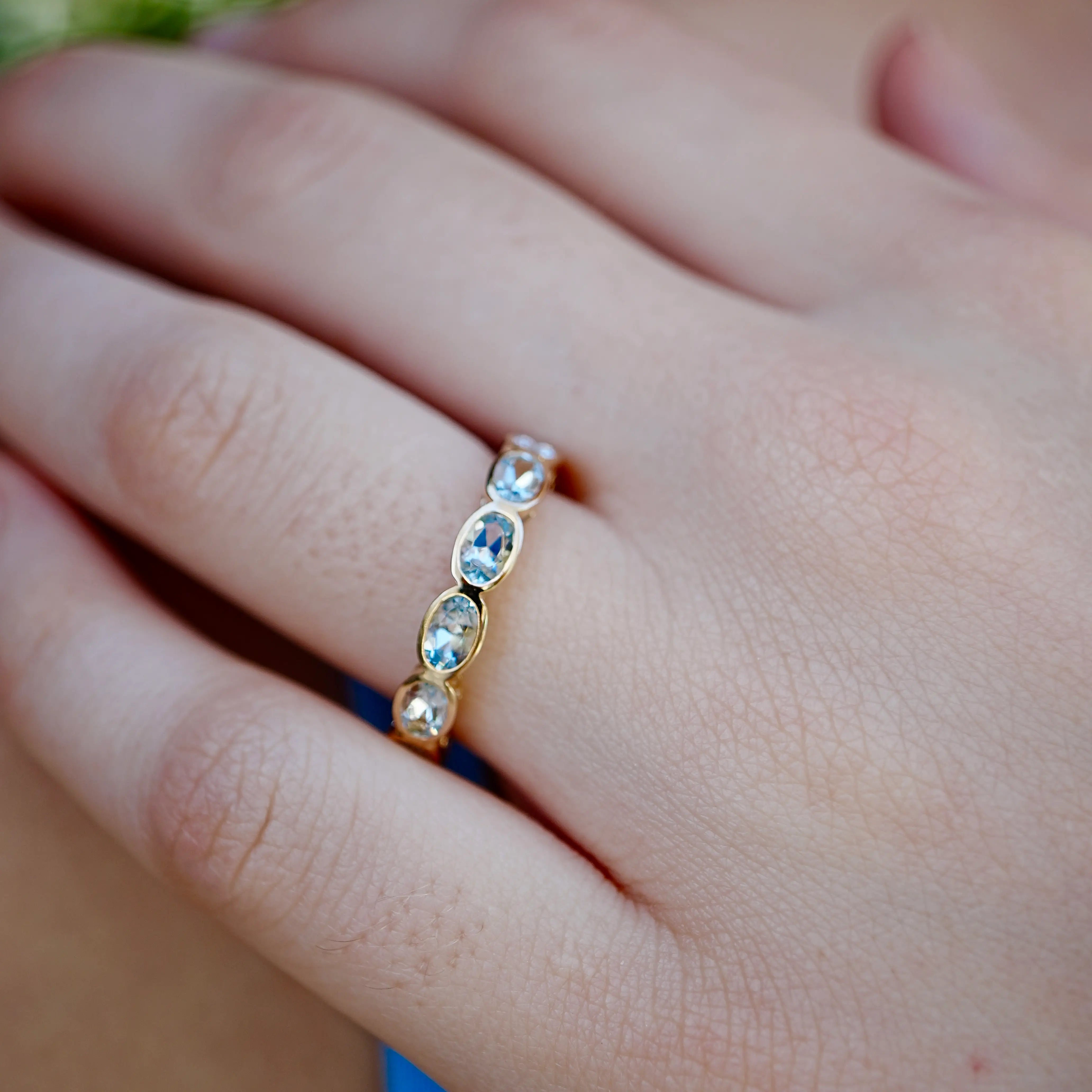 Natural Aquamarine East-West Eternity Band in 14k solid yellow gold