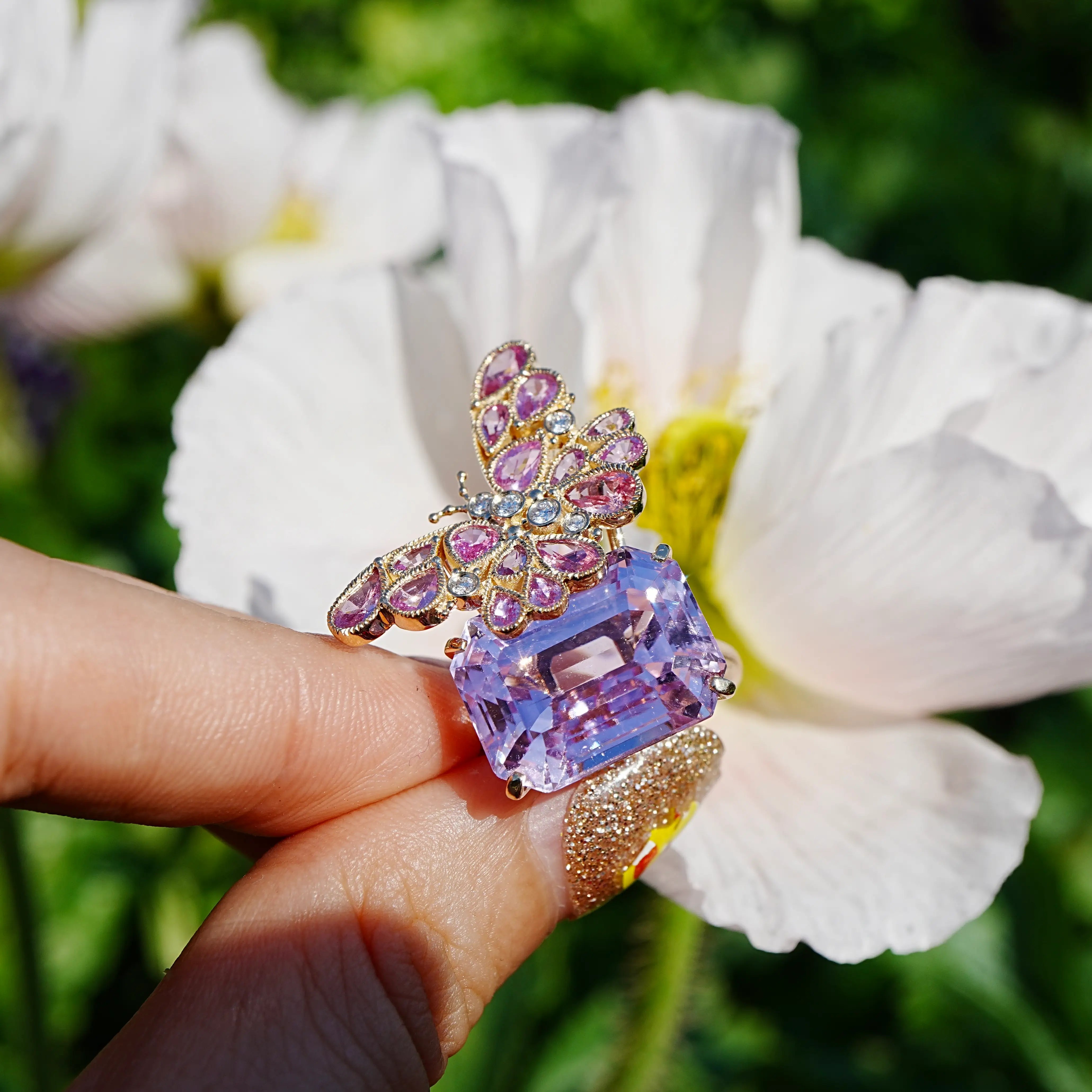 14k gold Nina Zhou x Kai Natural Pink Sapphire Diamond Butterfly on Kunzite Ring (One-of-a-Kind)
