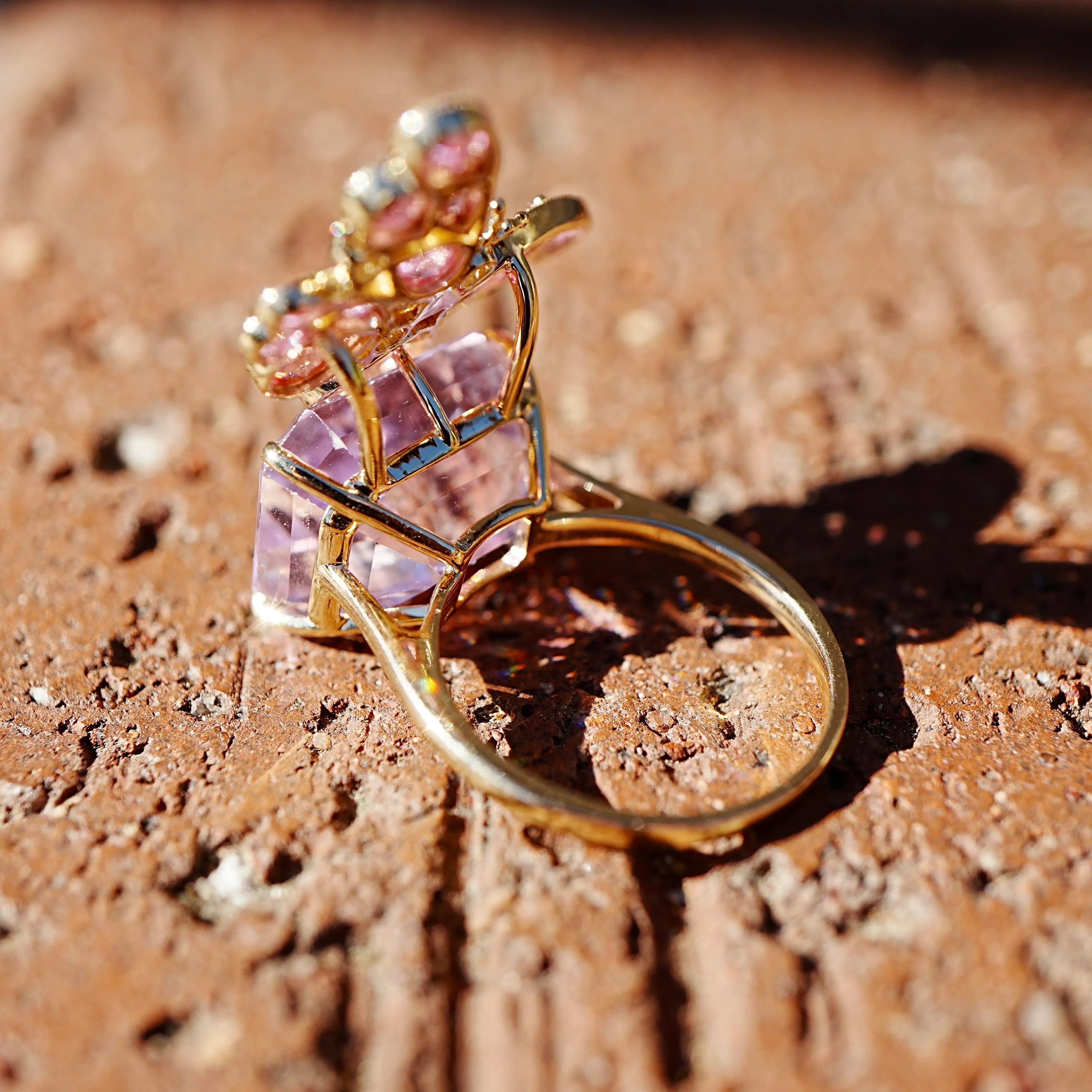 14k gold Nina Zhou x Kai Natural Pink Sapphire Diamond Butterfly on Kunzite Ring (One-of-a-Kind)