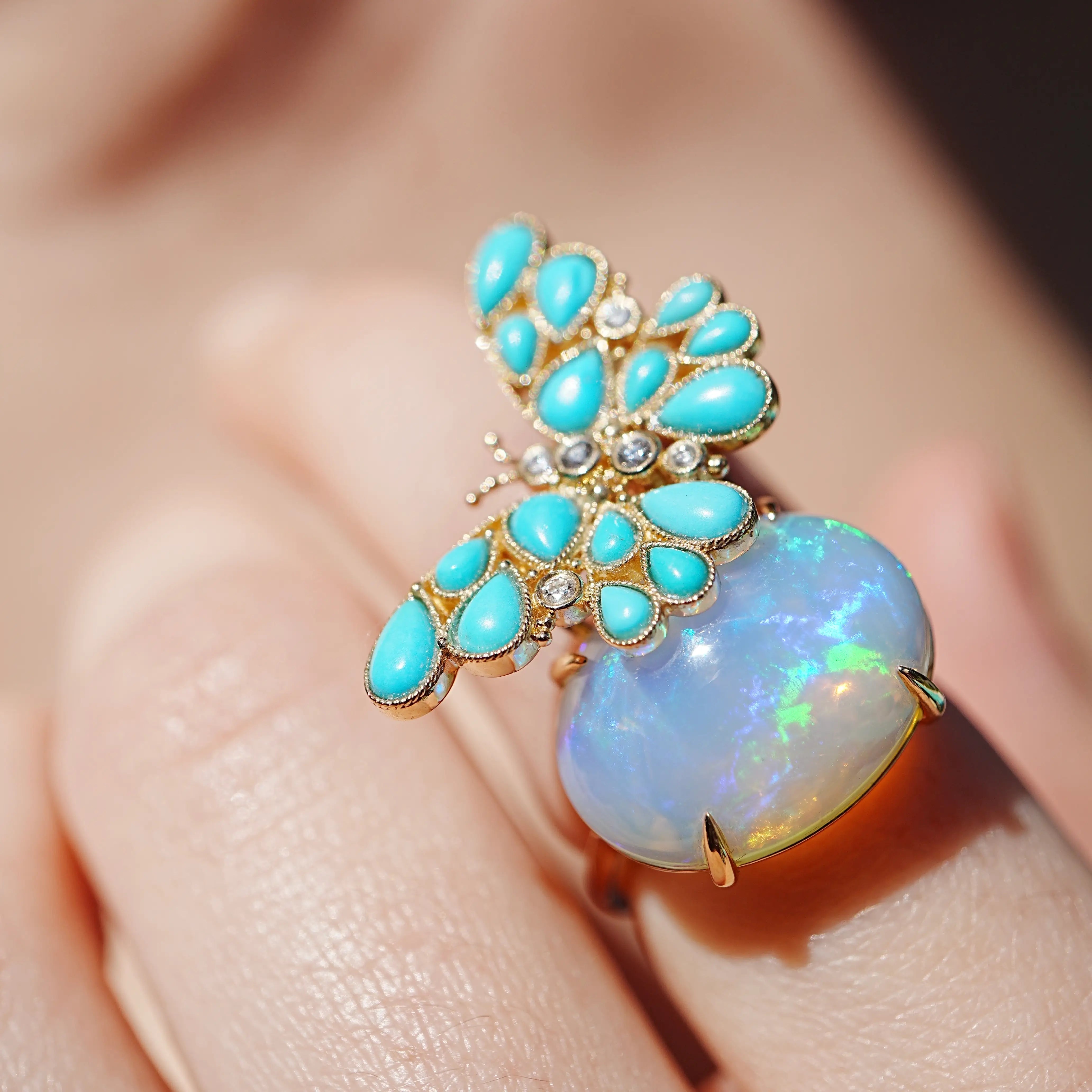 14k gold Nina Zhou x Kai Natural Turquoise Diamond Butterfly on Opal Ring (One-of-a-Kind)