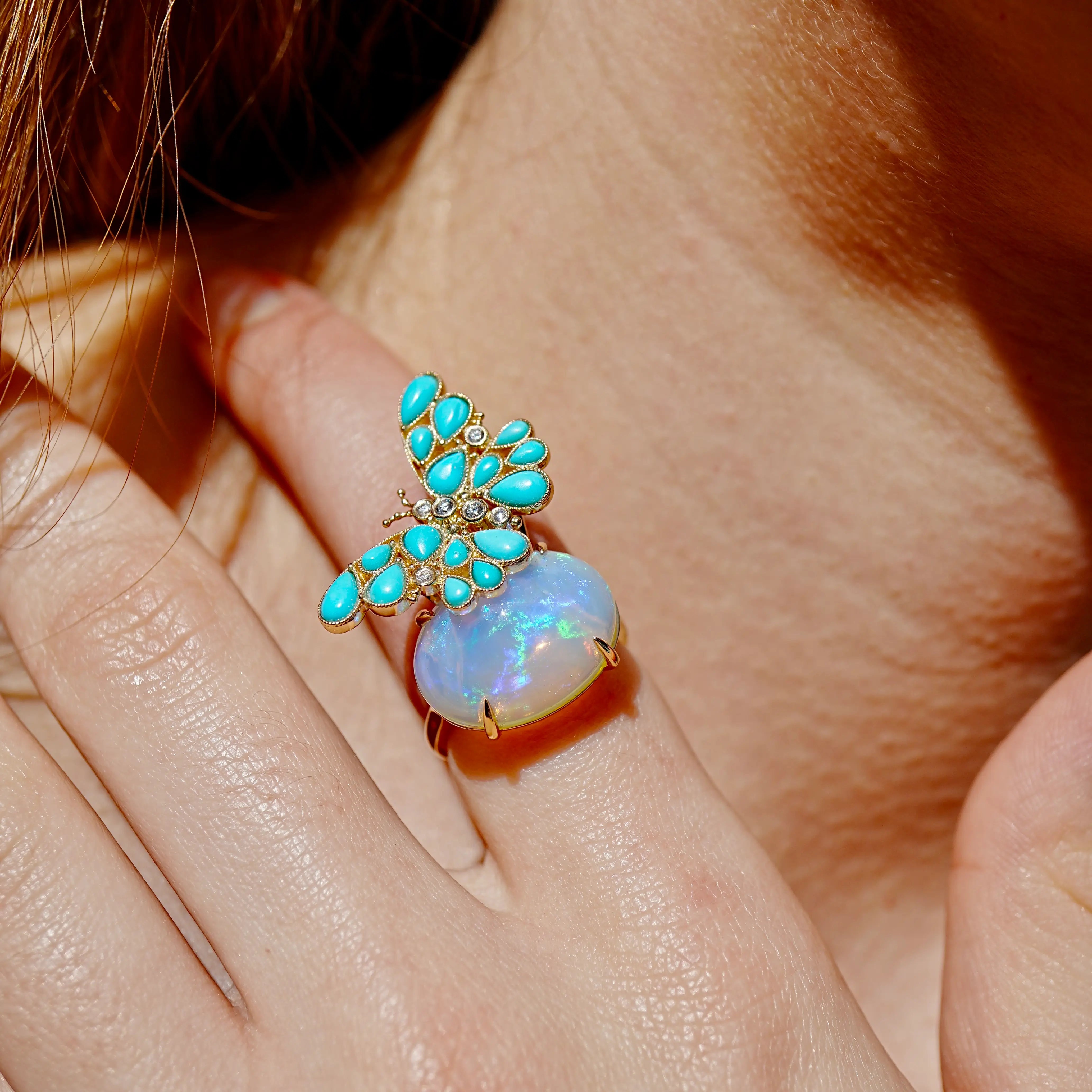 14k gold Nina Zhou x Kai Natural Turquoise Diamond Butterfly on Opal Ring (One-of-a-Kind)