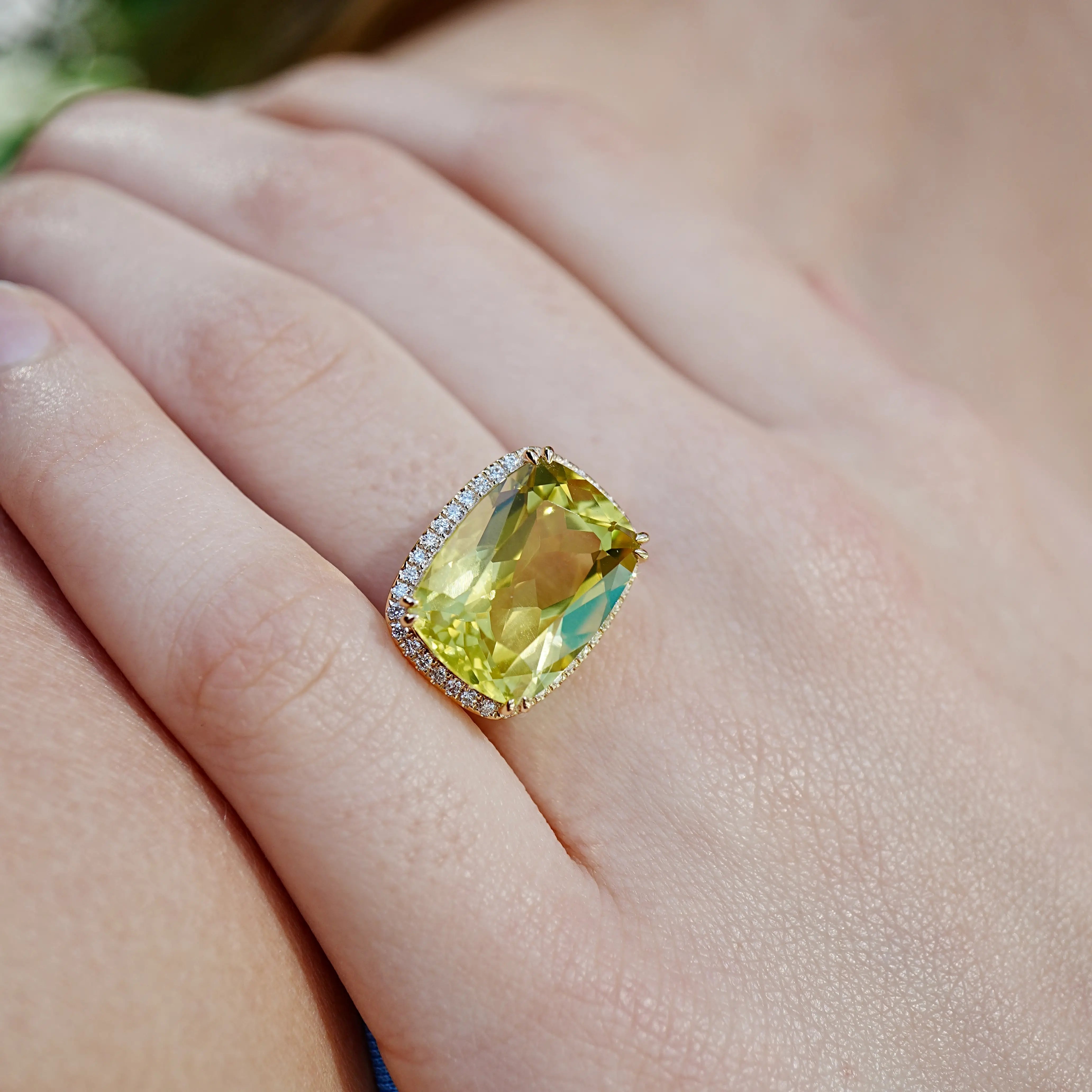 Kai Reflection Natural 11.30ctw Old Mine Cut Lemon Quartz & Lab-Diamond Diamond Ring in 14k Yellow Gold
