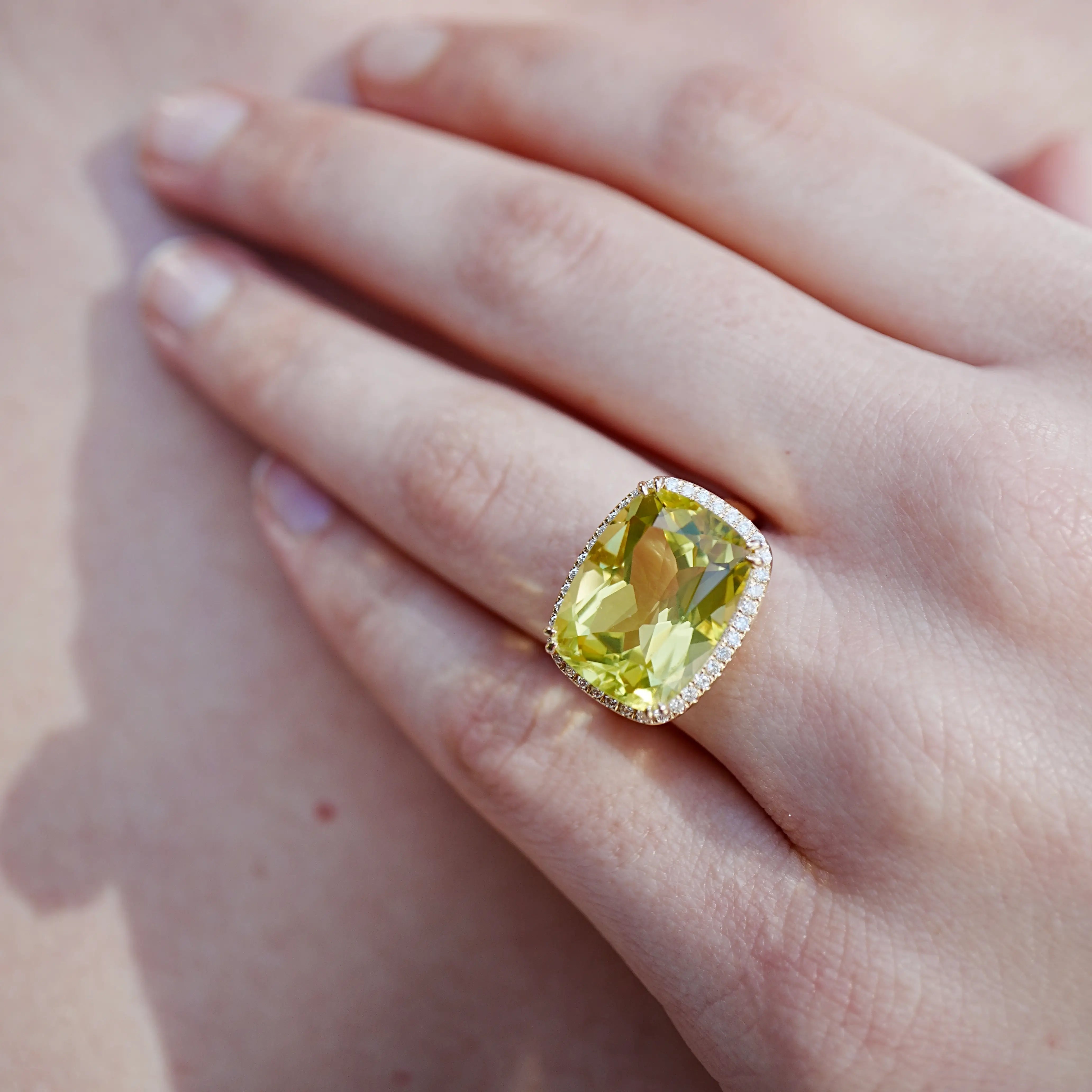 Kai Reflection Natural 11.30ctw Old Mine Cut Lemon Quartz & Lab-Diamond Diamond Ring in 14k Yellow Gold