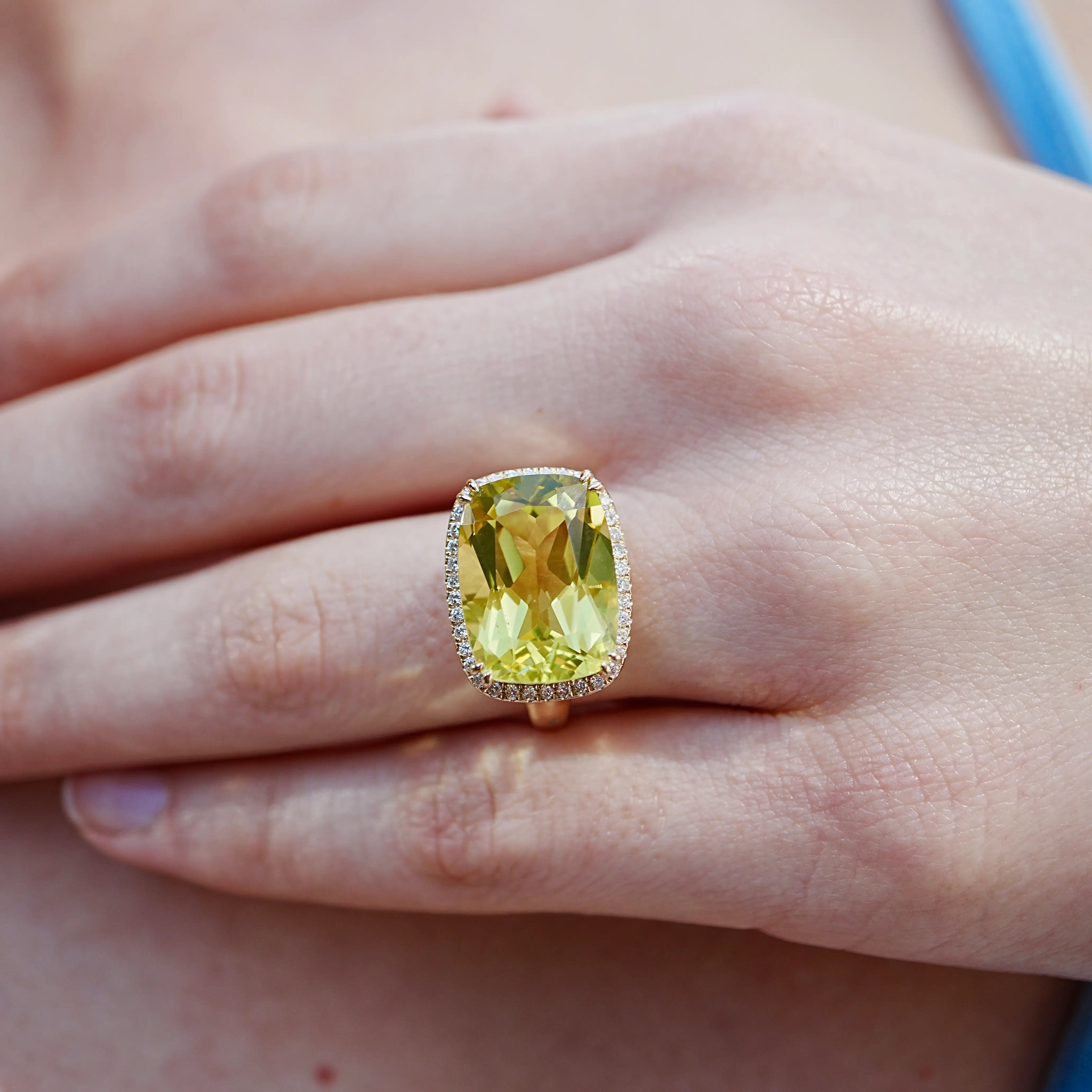 Kai Reflection Natural 11.30ctw Old Mine Cut Lemon Quartz & Lab-Diamond Diamond Ring in 14k Yellow Gold