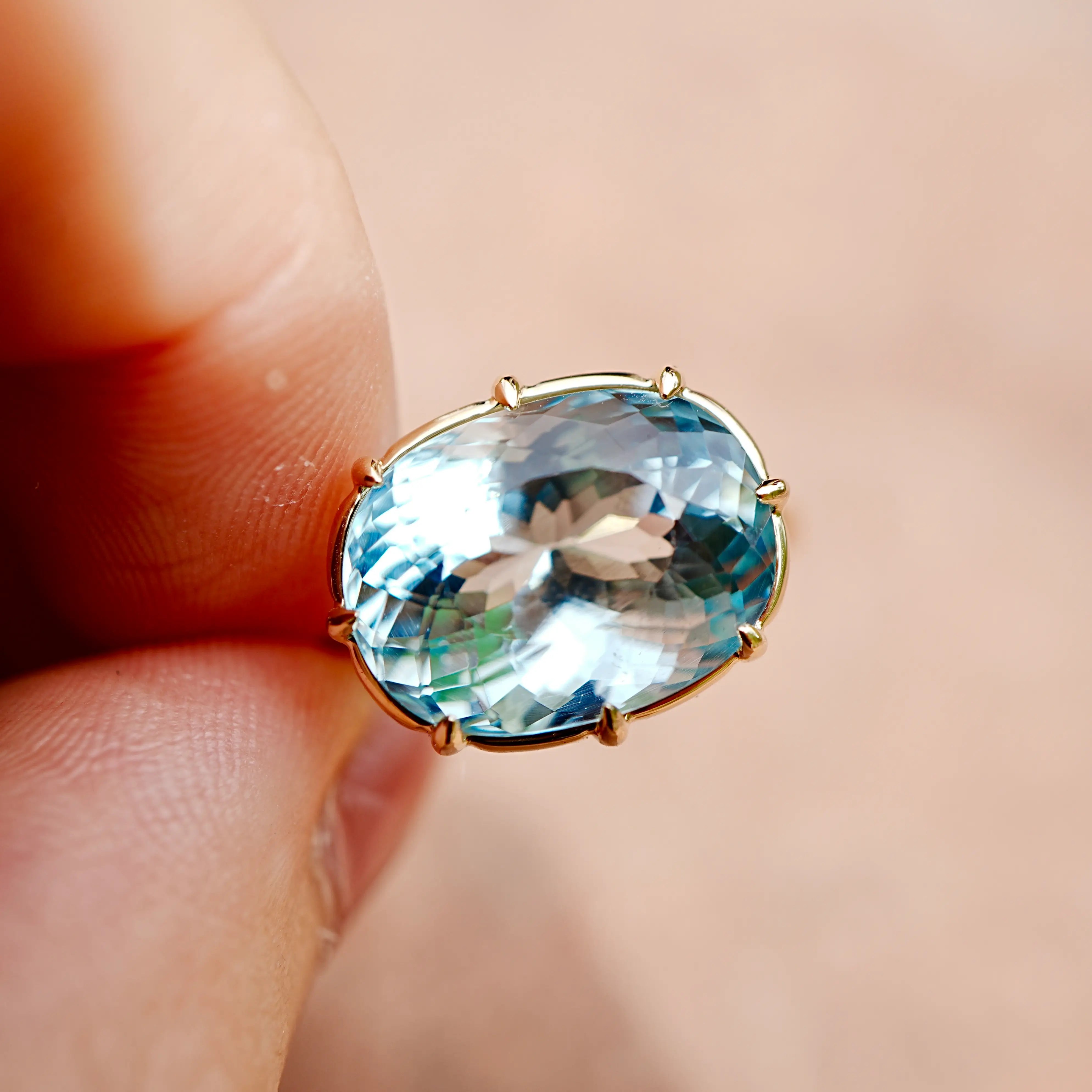 14K Solid Yellow Gold Aurea Certified Santa Maria Aquamarine East-West Ring - 7.31ct (One-of-a-Kind)