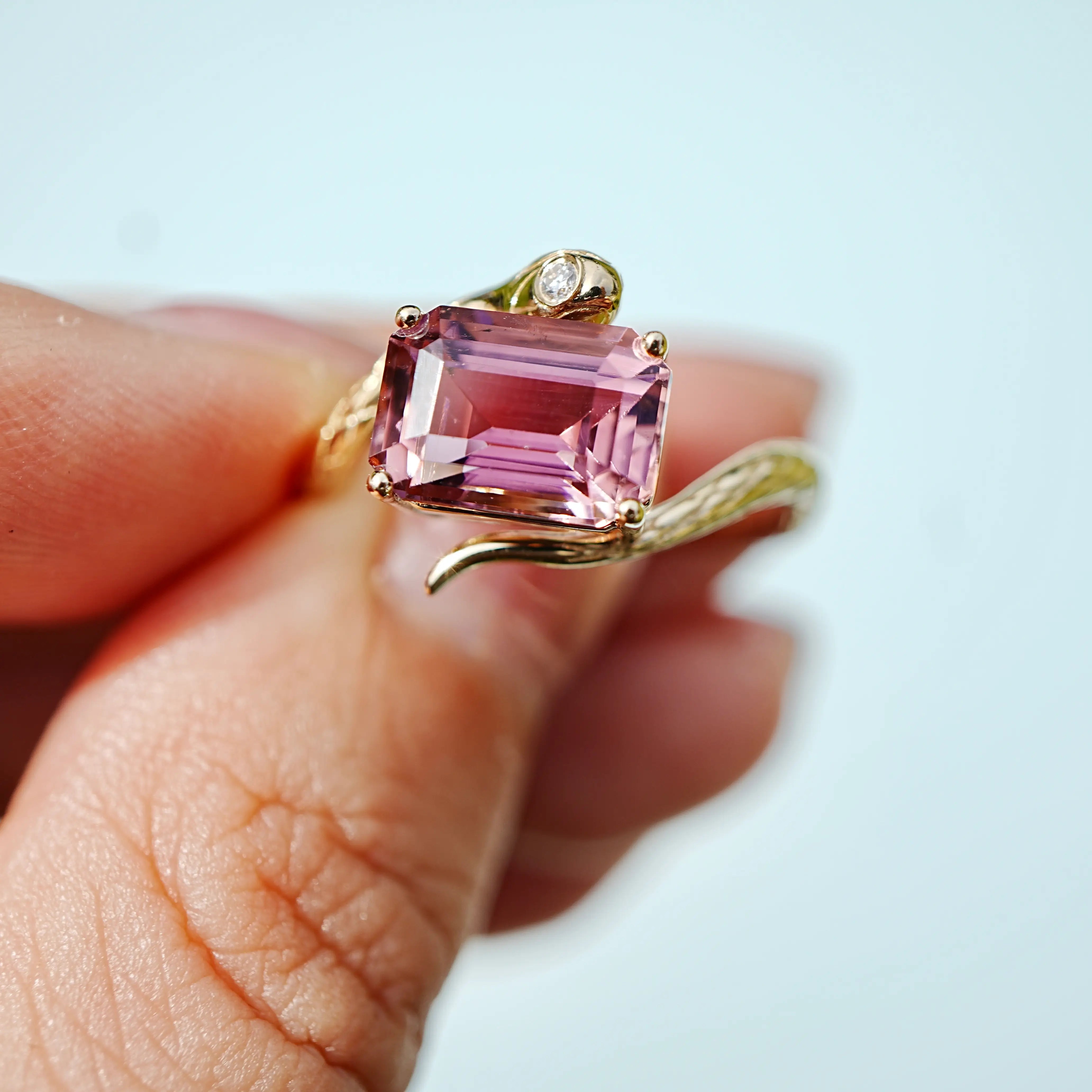 Kai One-of-a-Kind Snake Protection 2.64ctw Natural Pink Tourmaline & Diamond East-West Ring in 14k Yellow gold