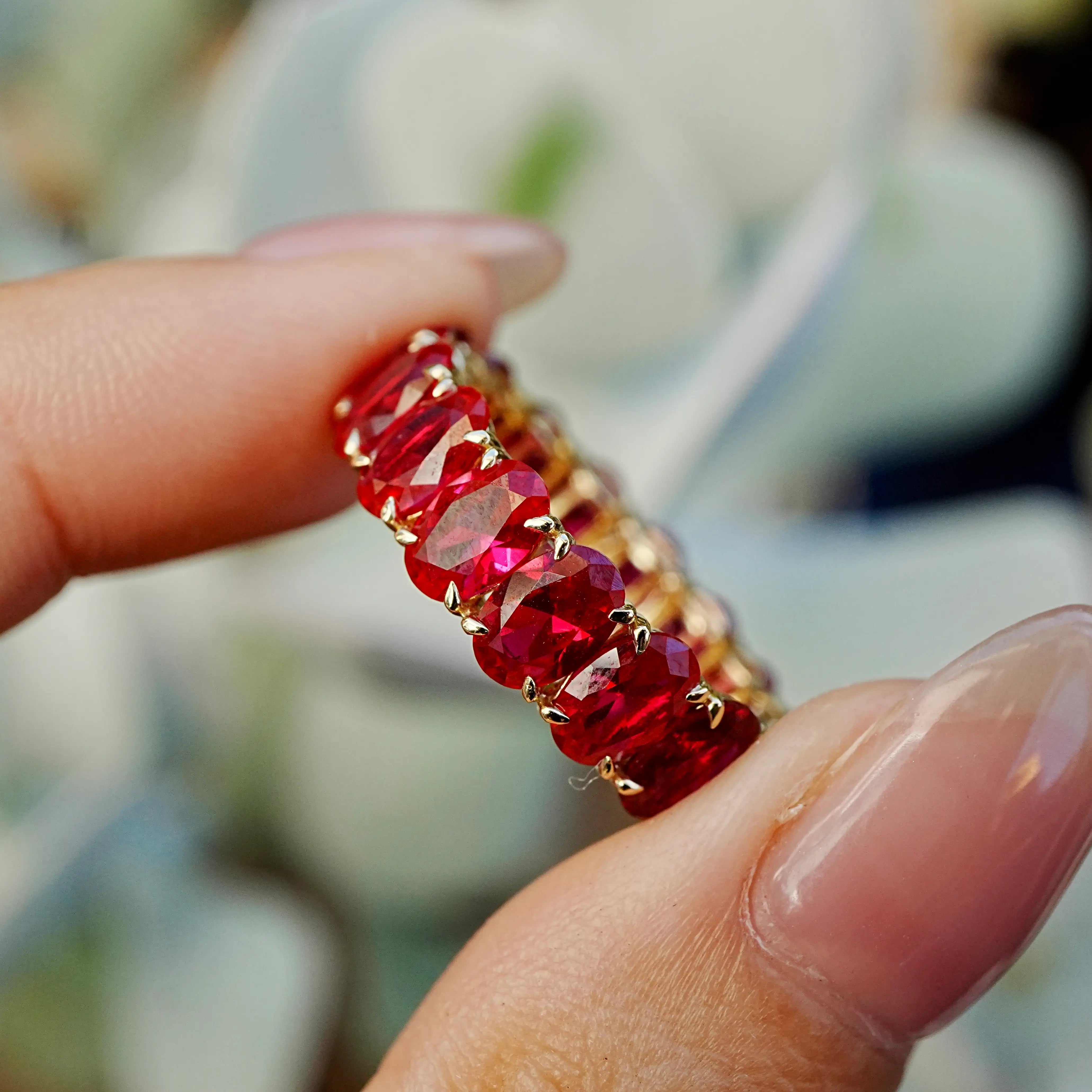 Nora 11.50 ctw Oval Lab Grown Ruby Eternity Ring in 14k yellow gold