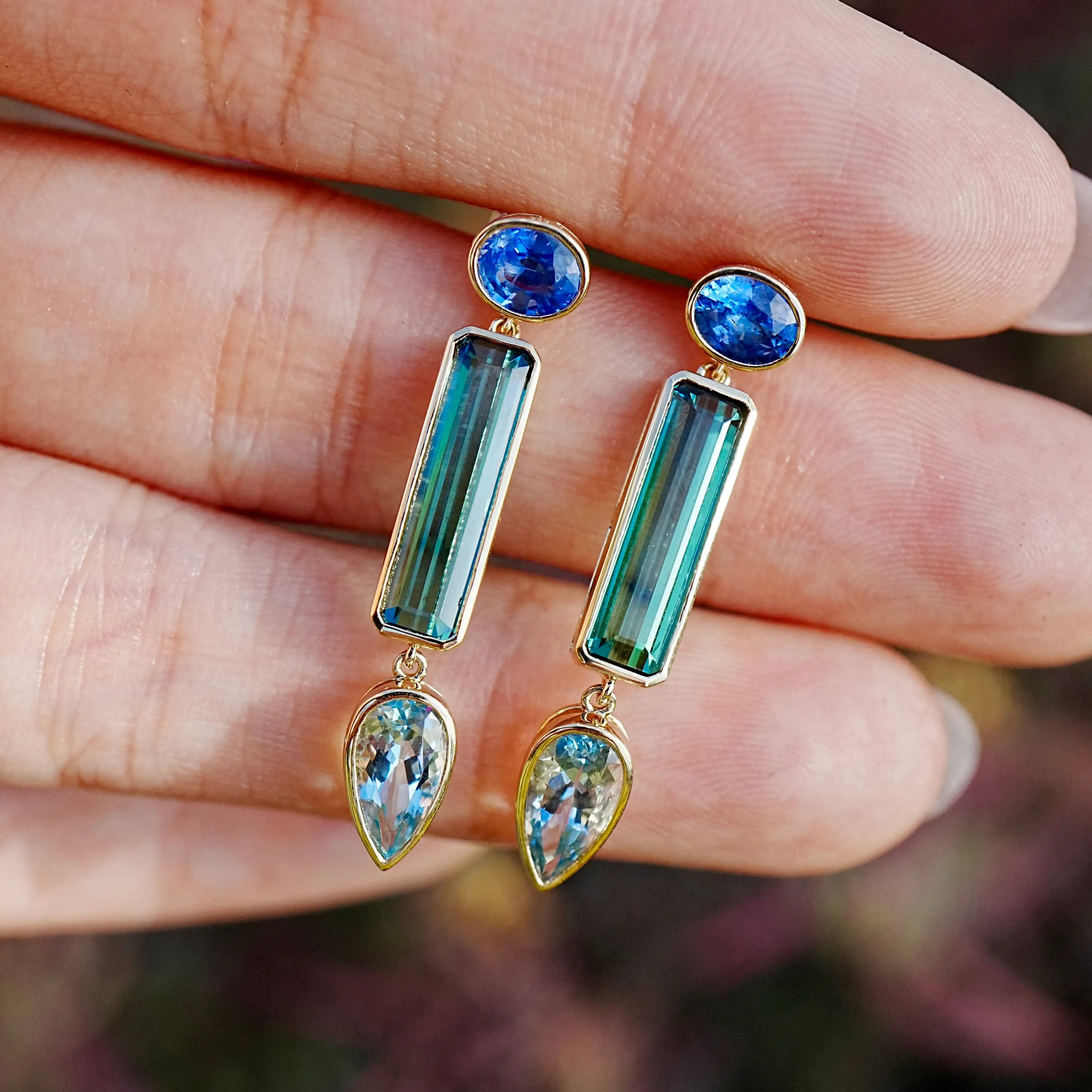 kai fine jewelry 14k yellow gold Garden Melody 5.34 ctw Sapphire, Tourmaline & Aquamarine Drop Earrings (One-of-a-Kind)