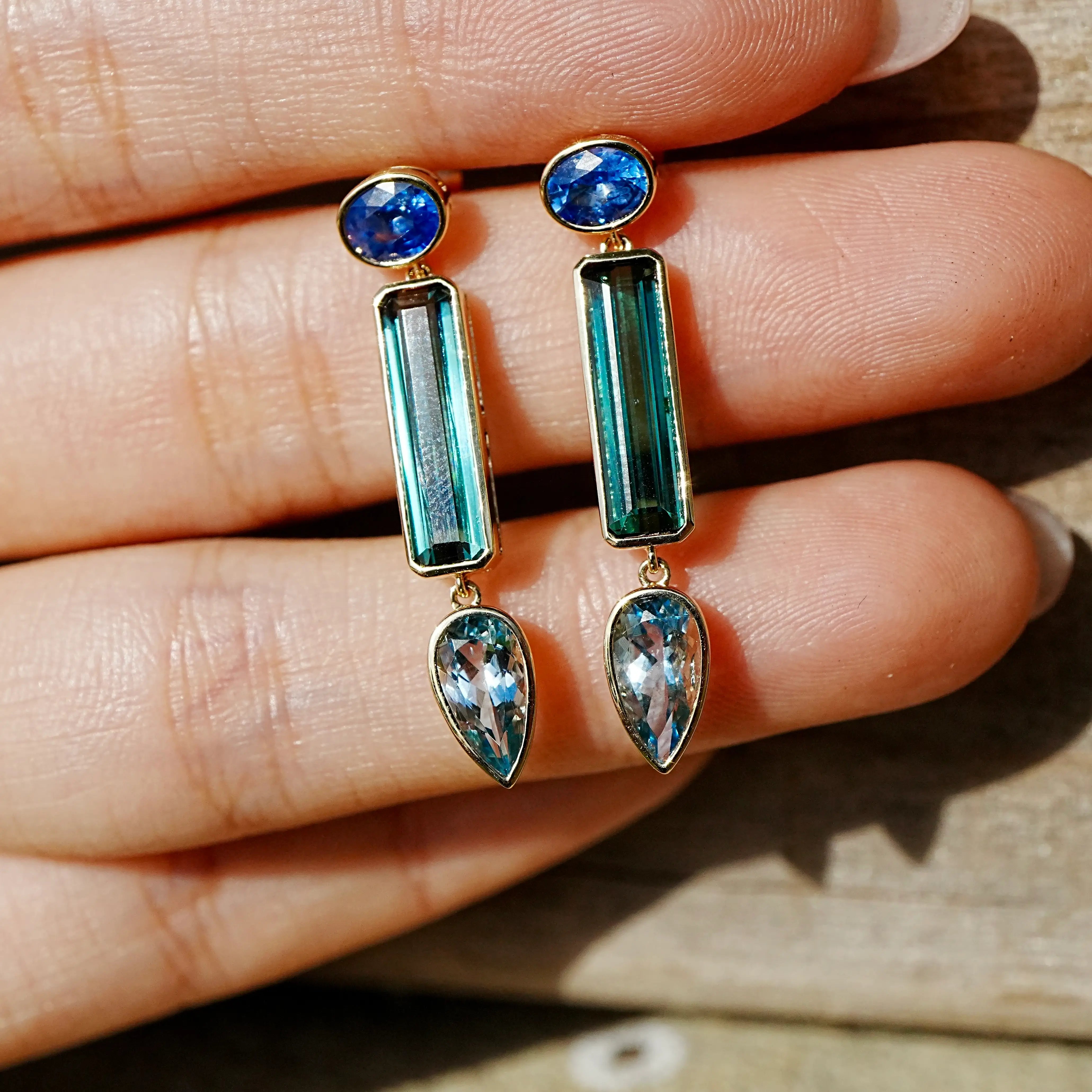 kai fine jewelry 14k yellow gold Garden Melody 5.34 ctw Sapphire, Tourmaline & Aquamarine Drop Earrings (One-of-a-Kind)