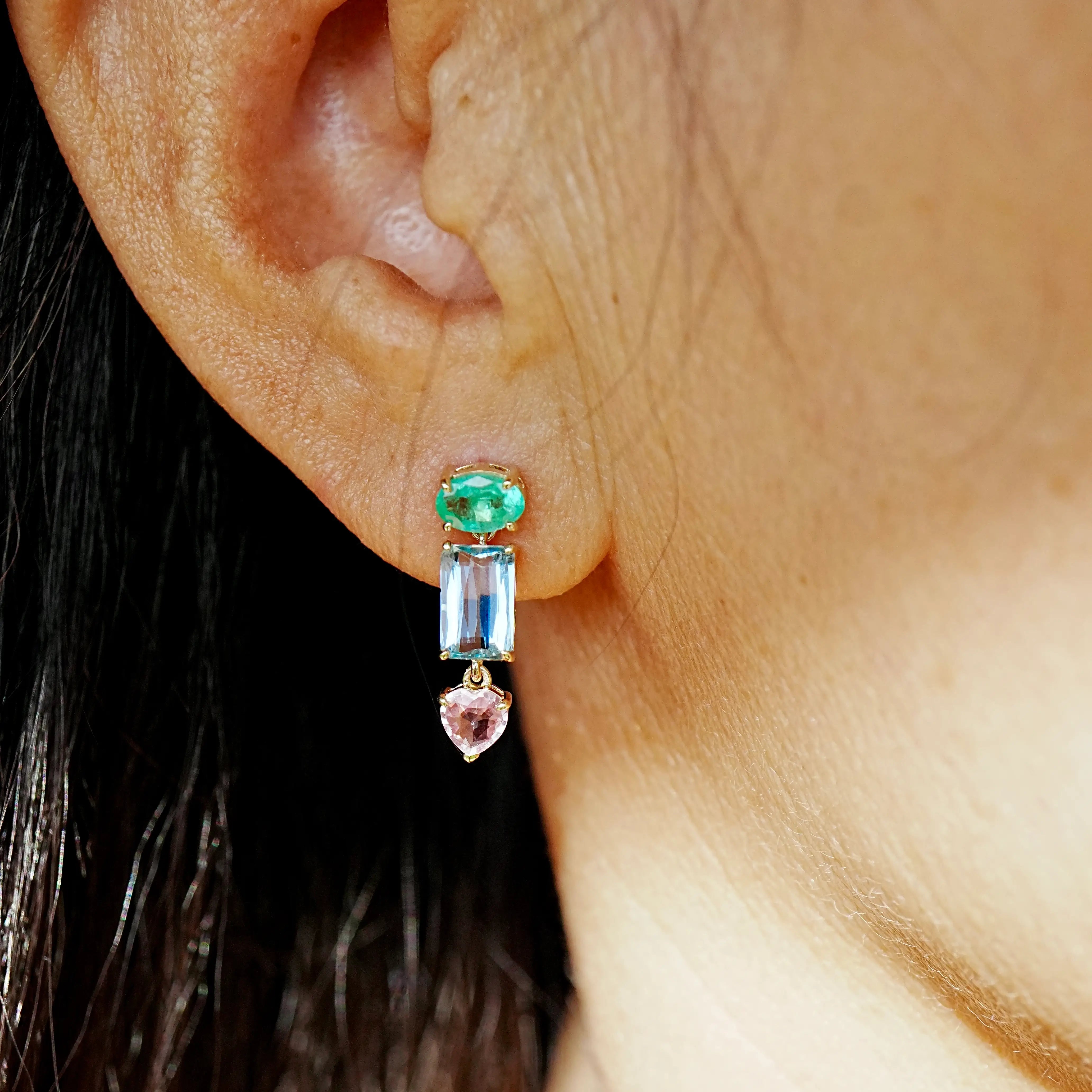 14k yellow gold Garden Melody 3.61 ctw natural Emerald, Aquamarine & Pink Sapphire Drop Earrings (One-of-a-Kind)