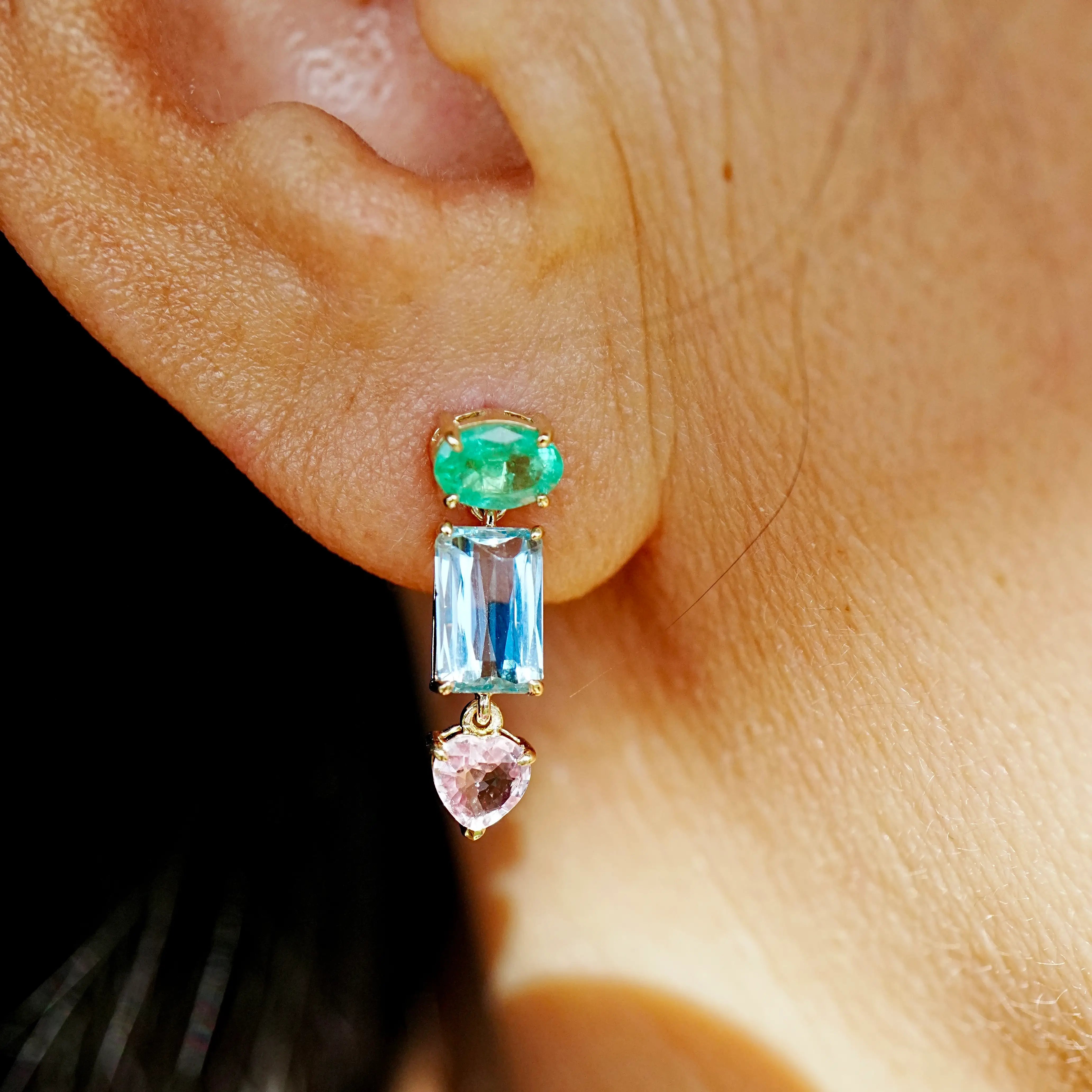 14k yellow gold Garden Melody 3.61 ctw natural Emerald, Aquamarine & Pink Sapphire Drop Earrings (One-of-a-Kind)