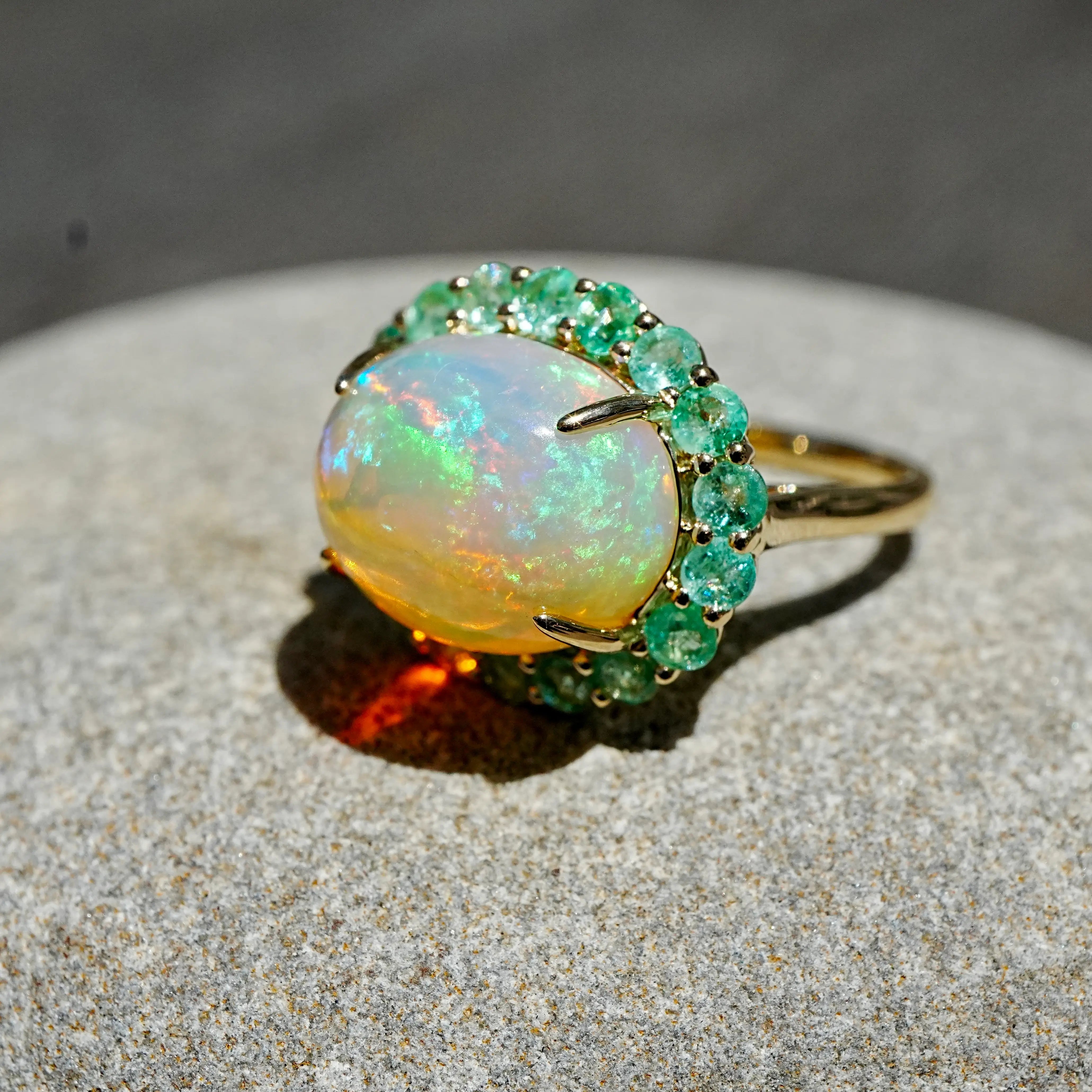 kai fine jewelry Eden Halo 8.58 ctw Natural Opal & Emerald East-West Ring in 14k yellow gold size 7(One-of-a-Kind)