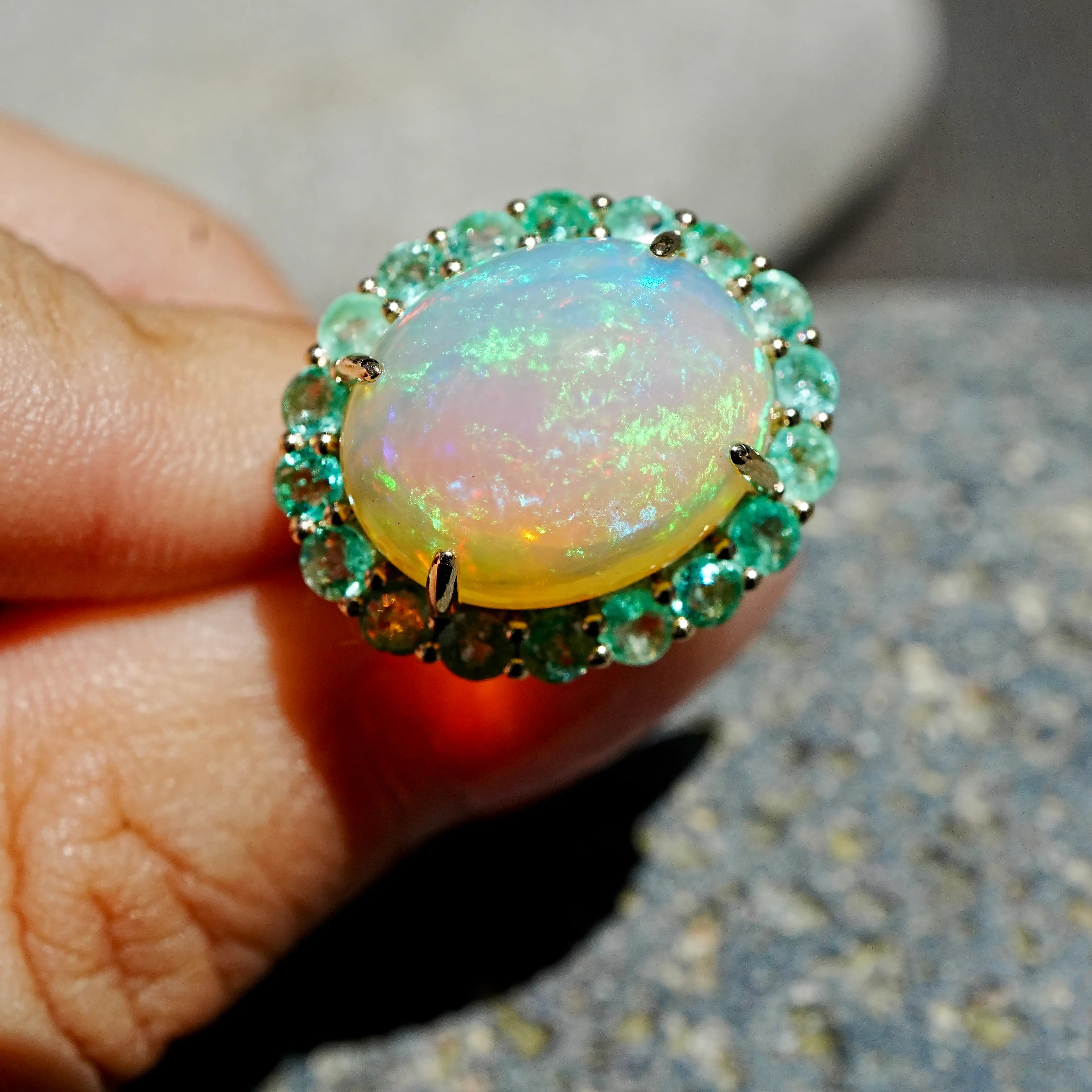 kai fine jewelry Eden Halo 8.58 ctw Natural Opal & Emerald East-West Ring in 14k yellow gold size 7(One-of-a-Kind)