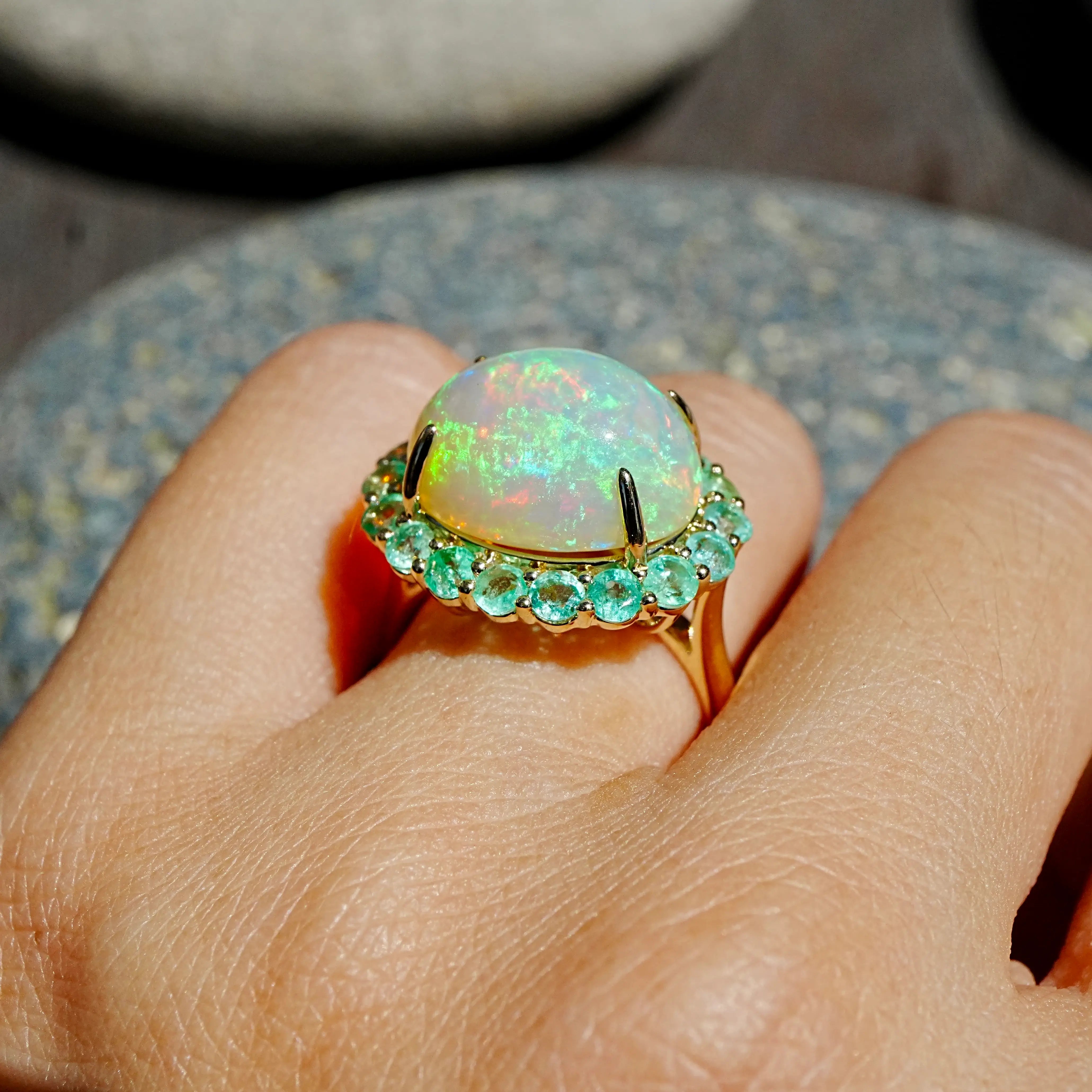 kai fine jewelry Eden Halo 8.58 ctw Natural Opal & Emerald East-West Ring in 14k yellow gold size 7(One-of-a-Kind)