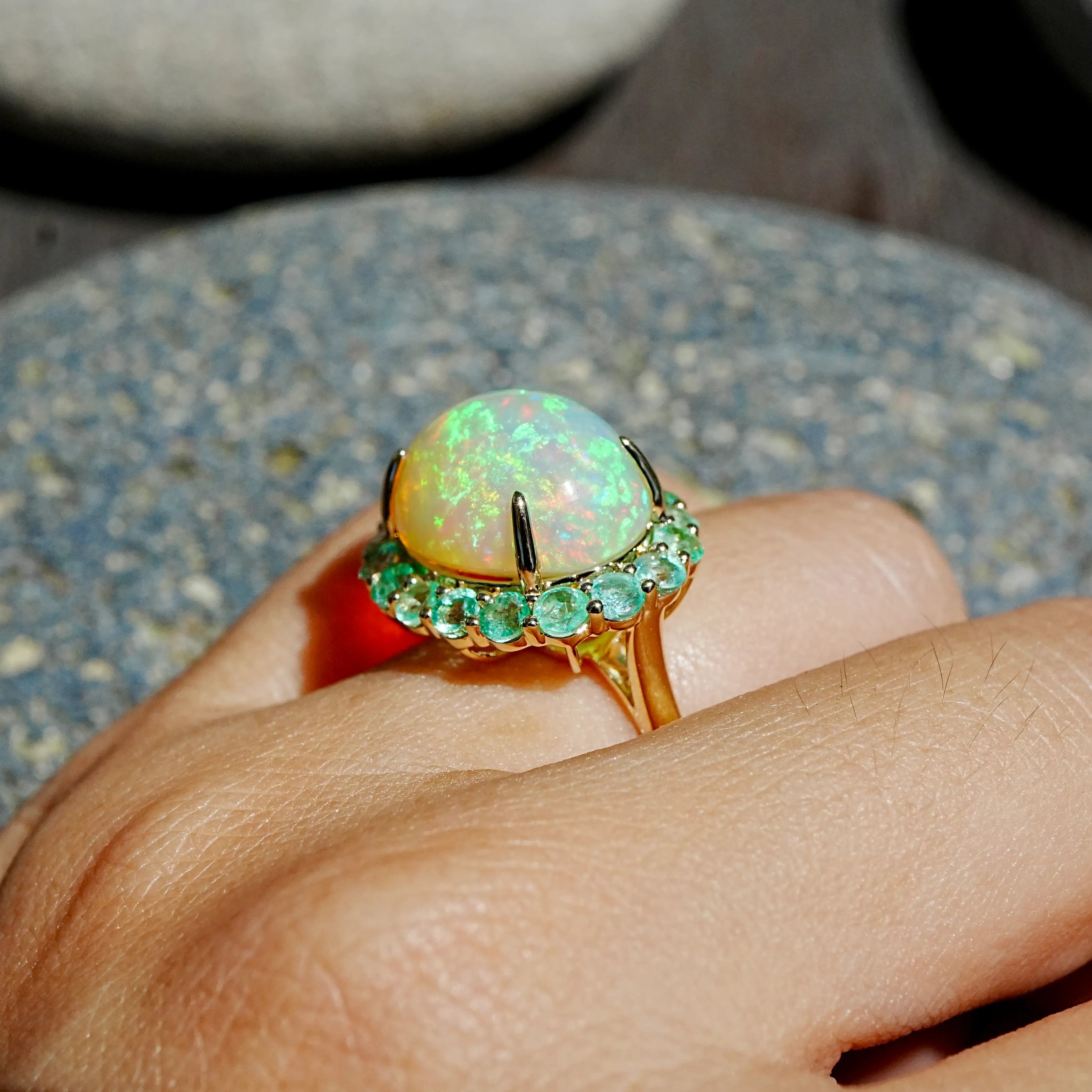 kai fine jewelry Eden Halo 8.58 ctw Natural Opal & Emerald East-West Ring in 14k yellow gold size 7(One-of-a-Kind)