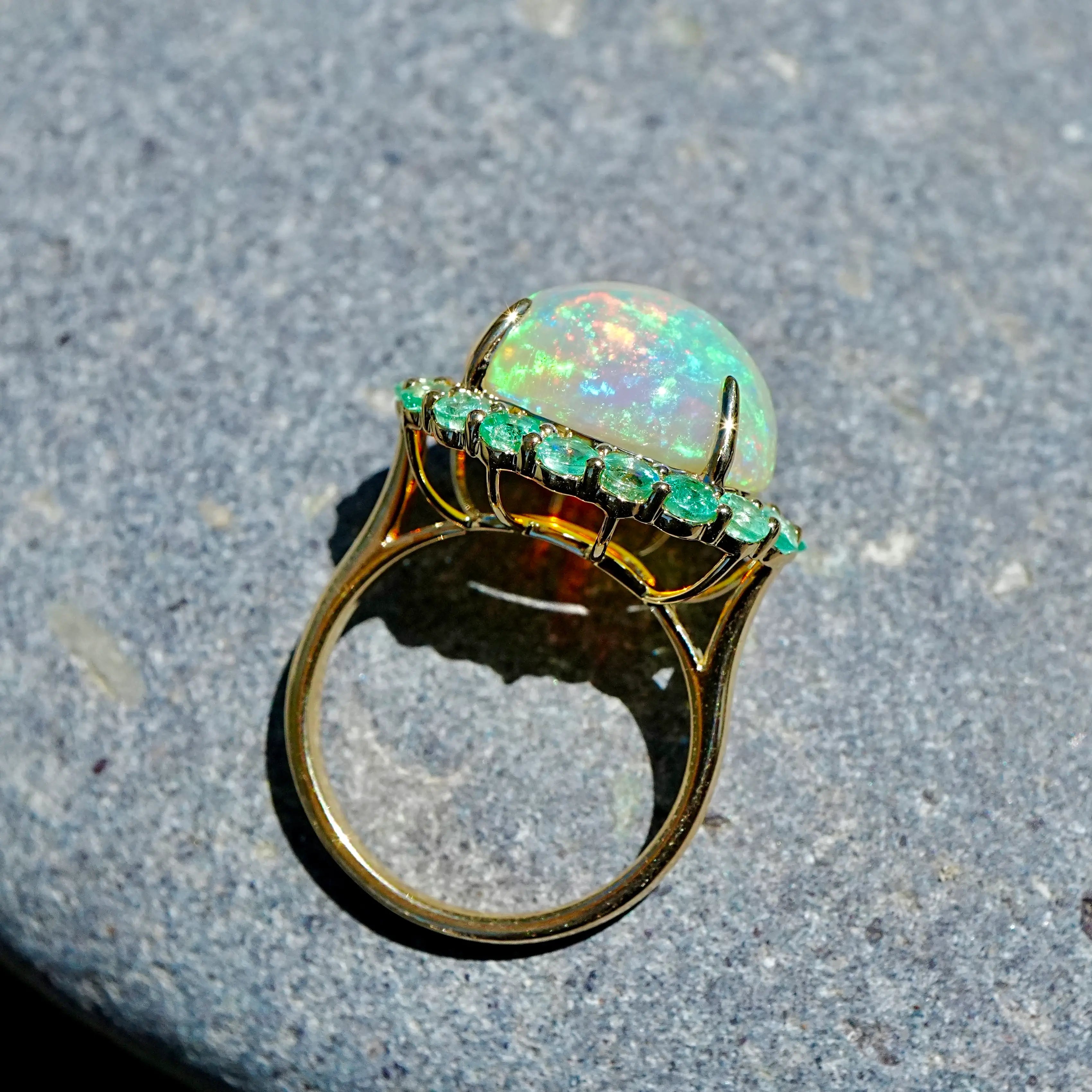 kai fine jewelry Eden Halo 8.58 ctw Natural Opal & Emerald East-West Ring in 14k yellow gold size 7(One-of-a-Kind)