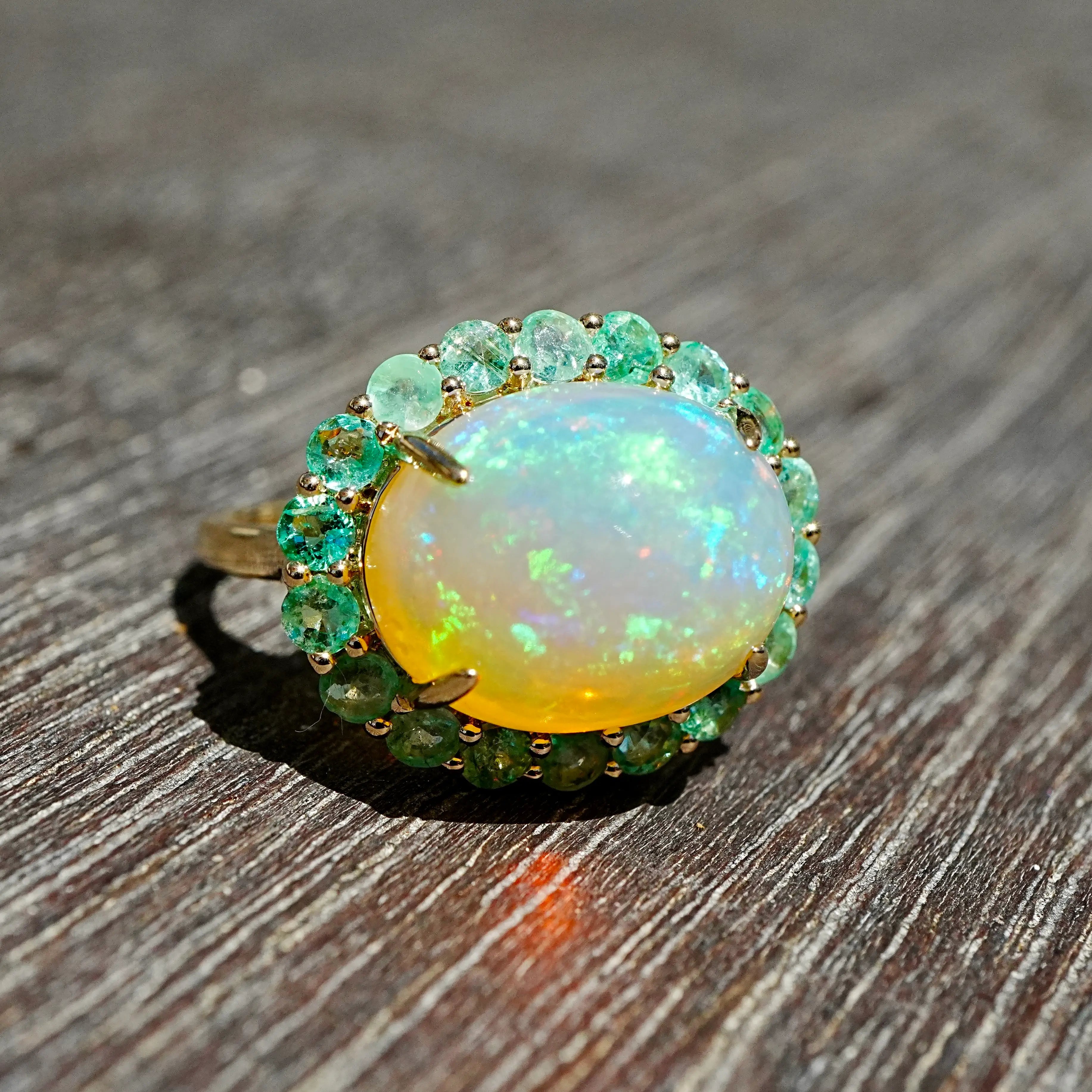 kai fine jewelry Eden Halo 8.58 ctw Natural Opal & Emerald East-West Ring in 14k yellow gold size 7(One-of-a-Kind)