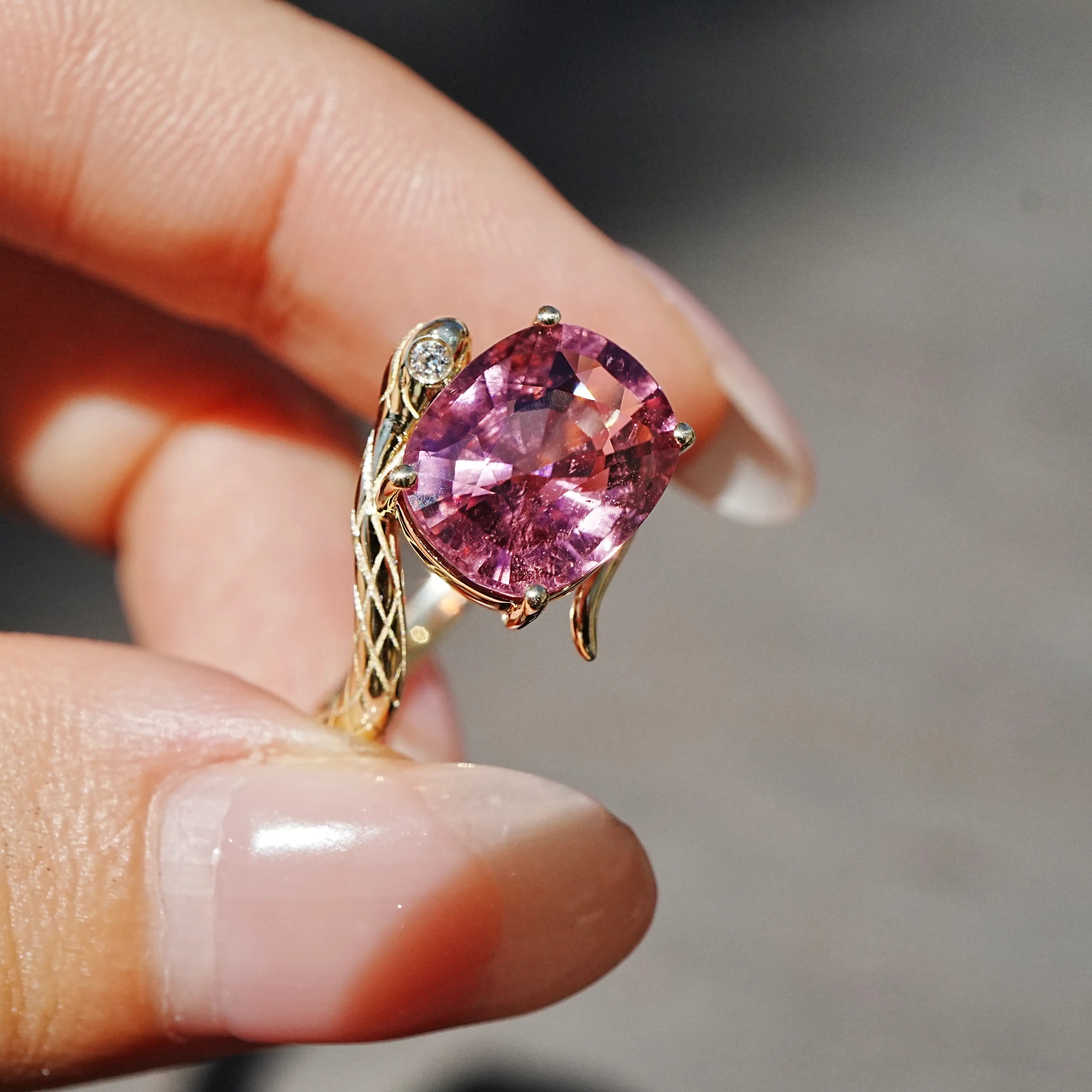 kai fine jewelry Snake Protection 3.79 ct Natural Pink Tourmaline & Diamond East-West Ring in 14k yellow gold size 7 (One-of-a-Kind)