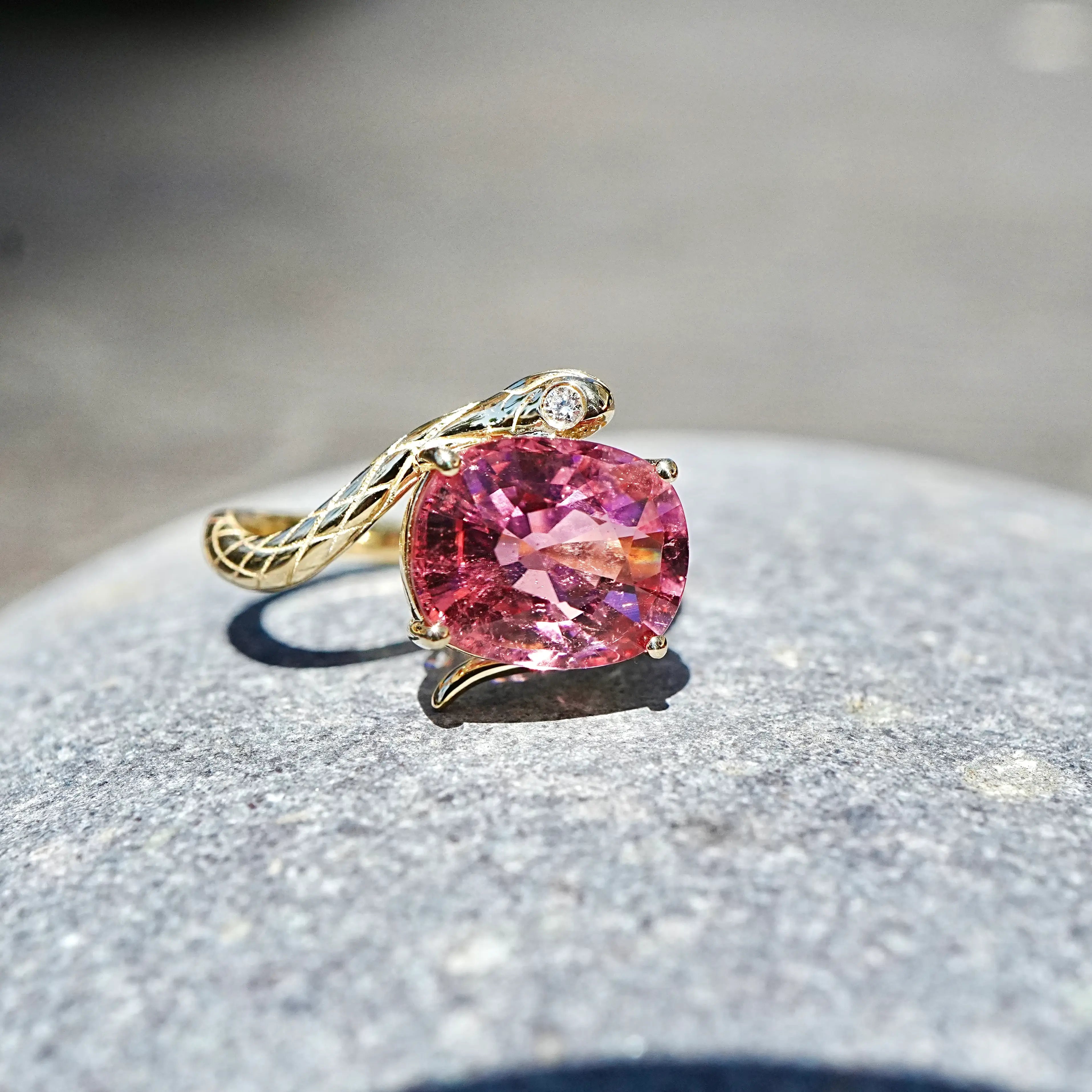 kai fine jewelry Snake Protection 3.79 ct Natural Pink Tourmaline & Diamond East-West Ring in 14k yellow gold size 7 (One-of-a-Kind)