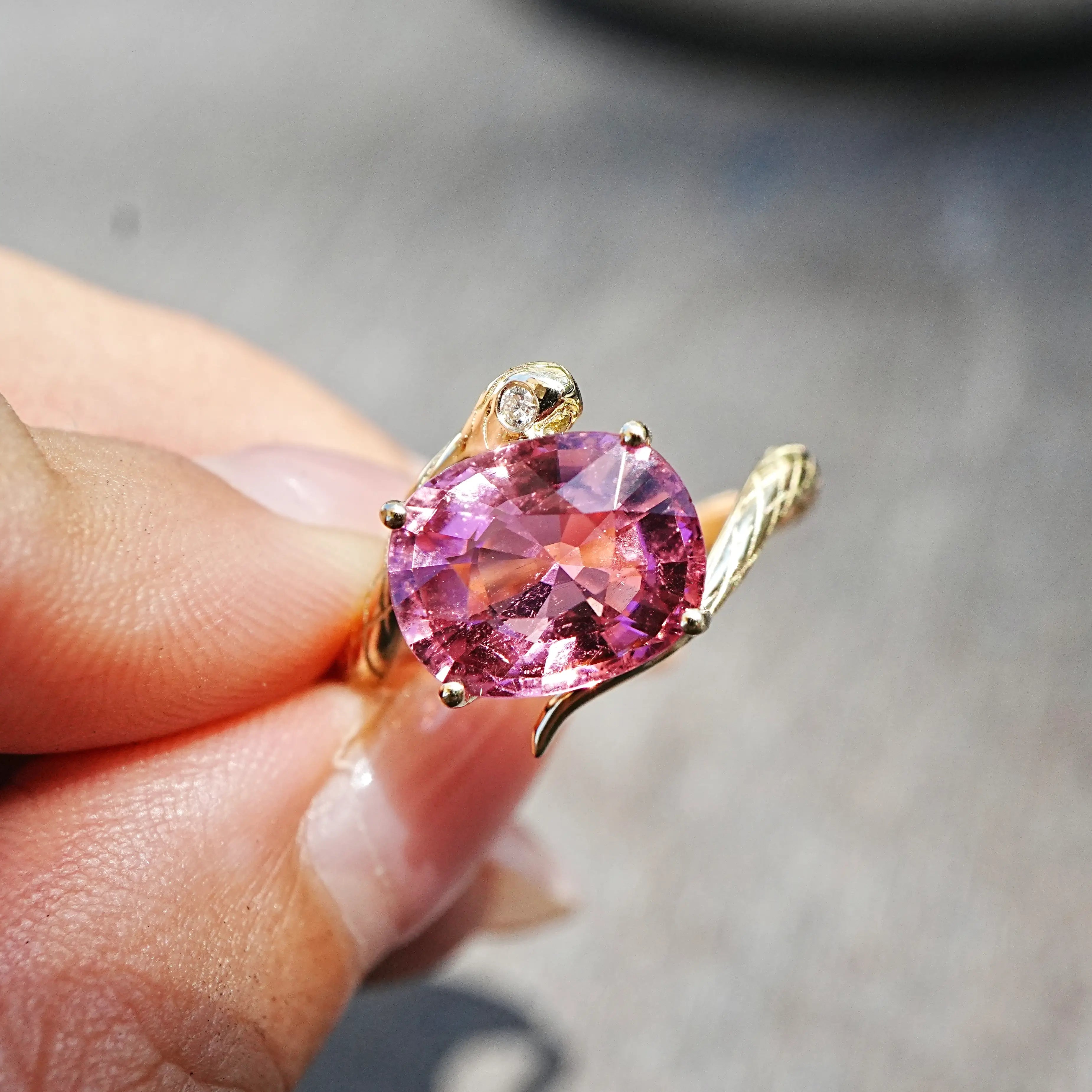 kai fine jewelry Snake Protection 3.79 ct Natural Pink Tourmaline & Diamond East-West Ring in 14k yellow gold size 7 (One-of-a-Kind)