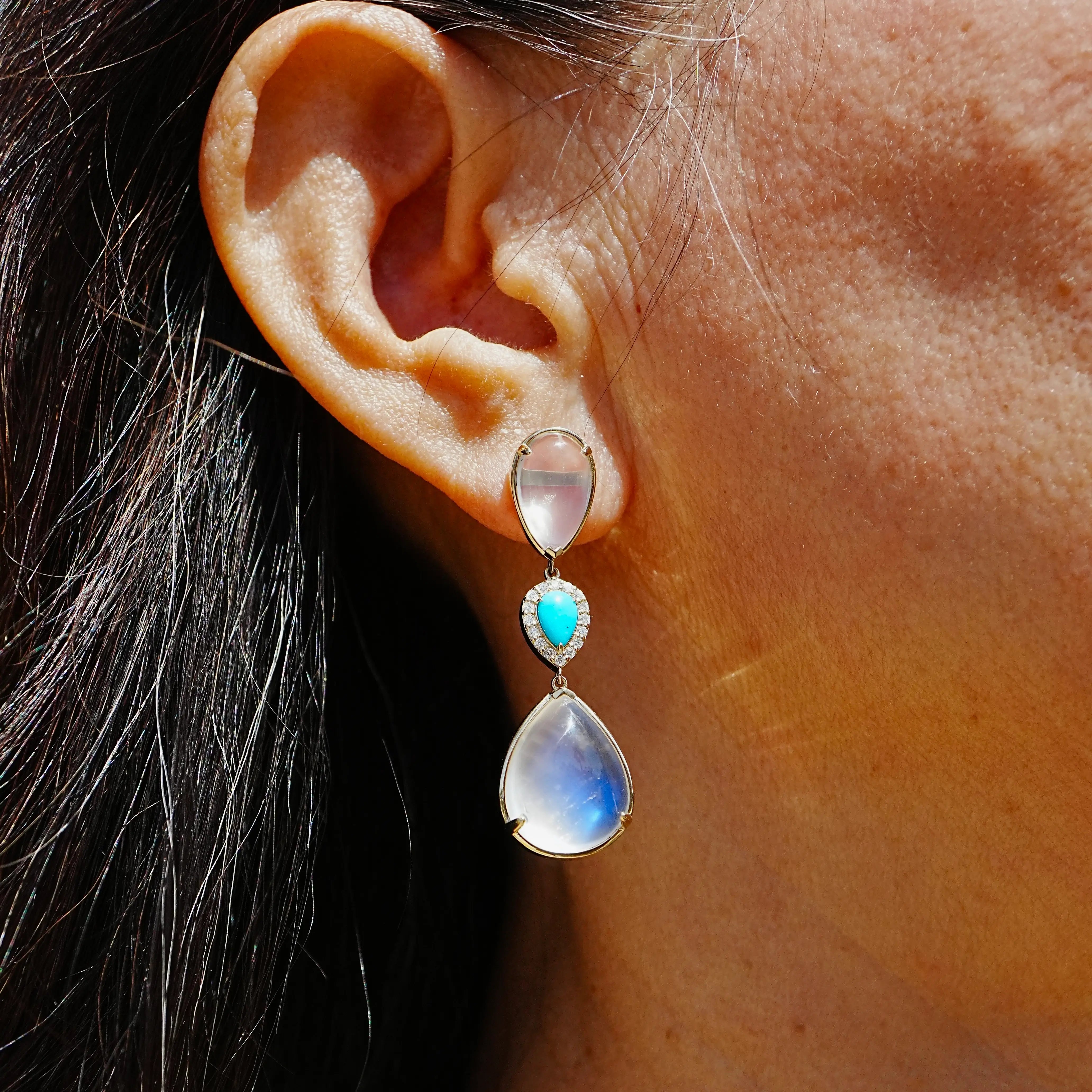 kai fine jewelry Garden Melody natural 27.36 ctw Natural Moonstone, Turquoise & Diamond Drop Earrings in 24k yellow gold (One-of-a-Kind)