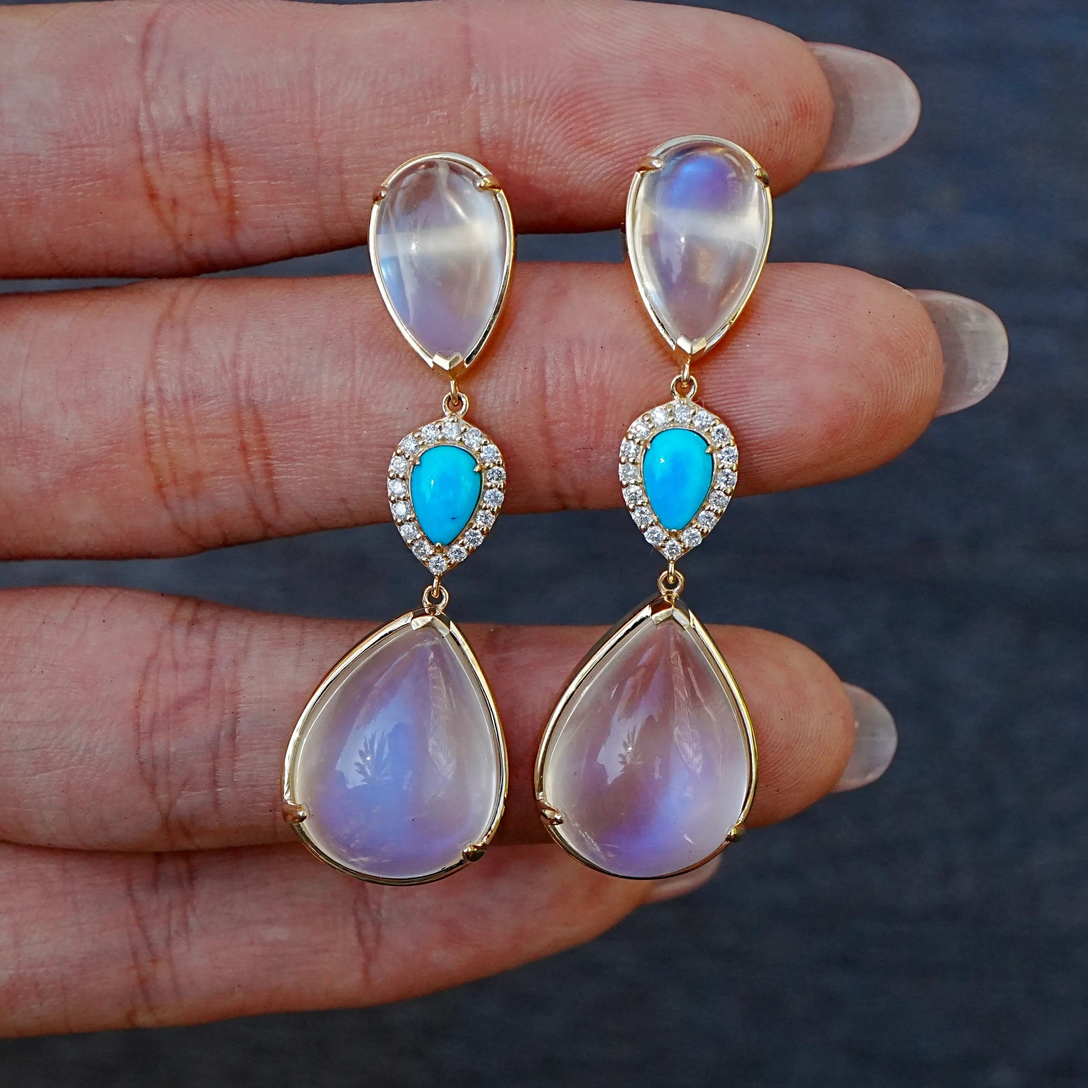 kai fine jewelry Garden Melody natural 27.36 ctw Natural Moonstone, Turquoise & Diamond Drop Earrings in 24k yellow gold (One-of-a-Kind)