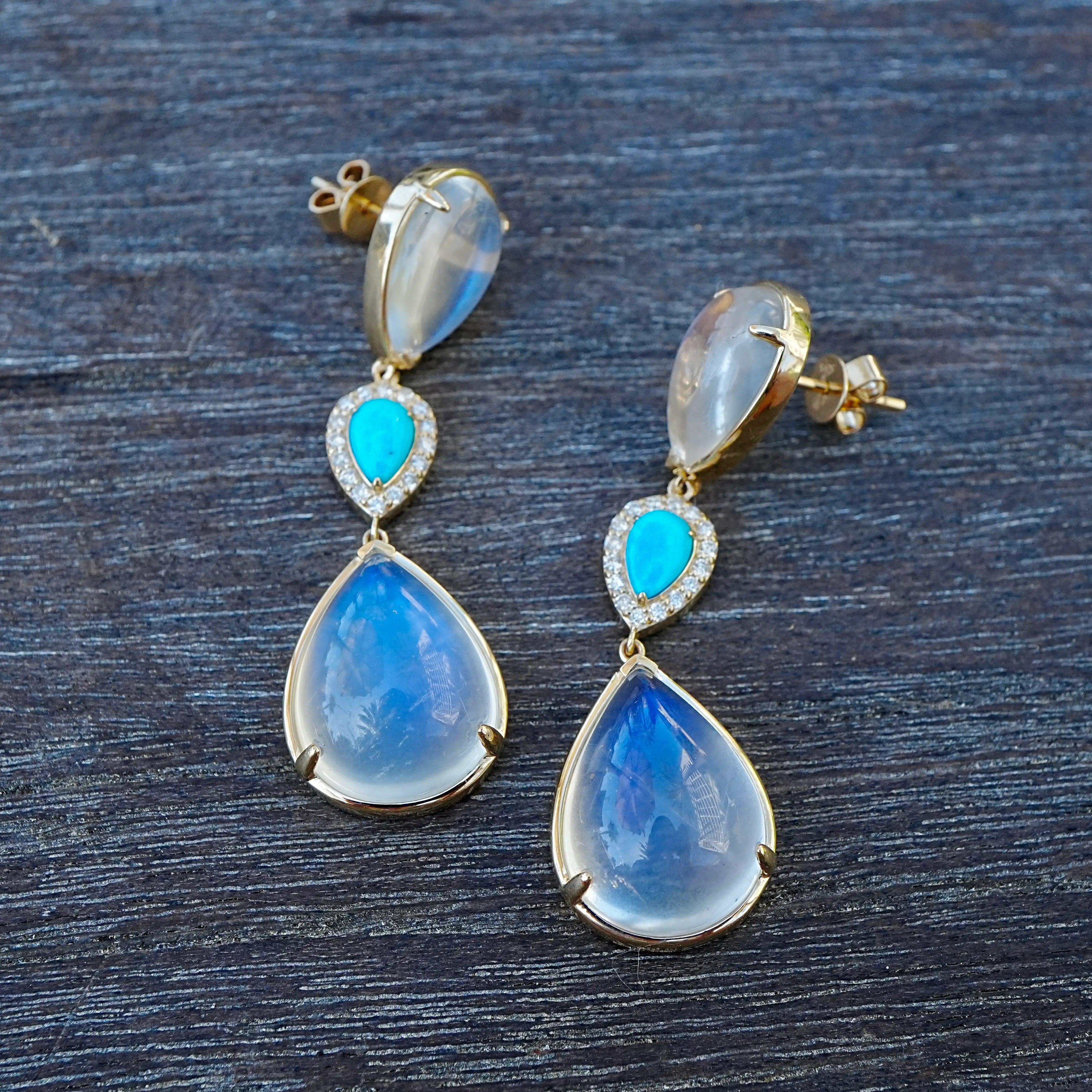 kai fine jewelry Garden Melody natural 27.36 ctw Natural Moonstone, Turquoise & Diamond Drop Earrings in 24k yellow gold (One-of-a-Kind)
