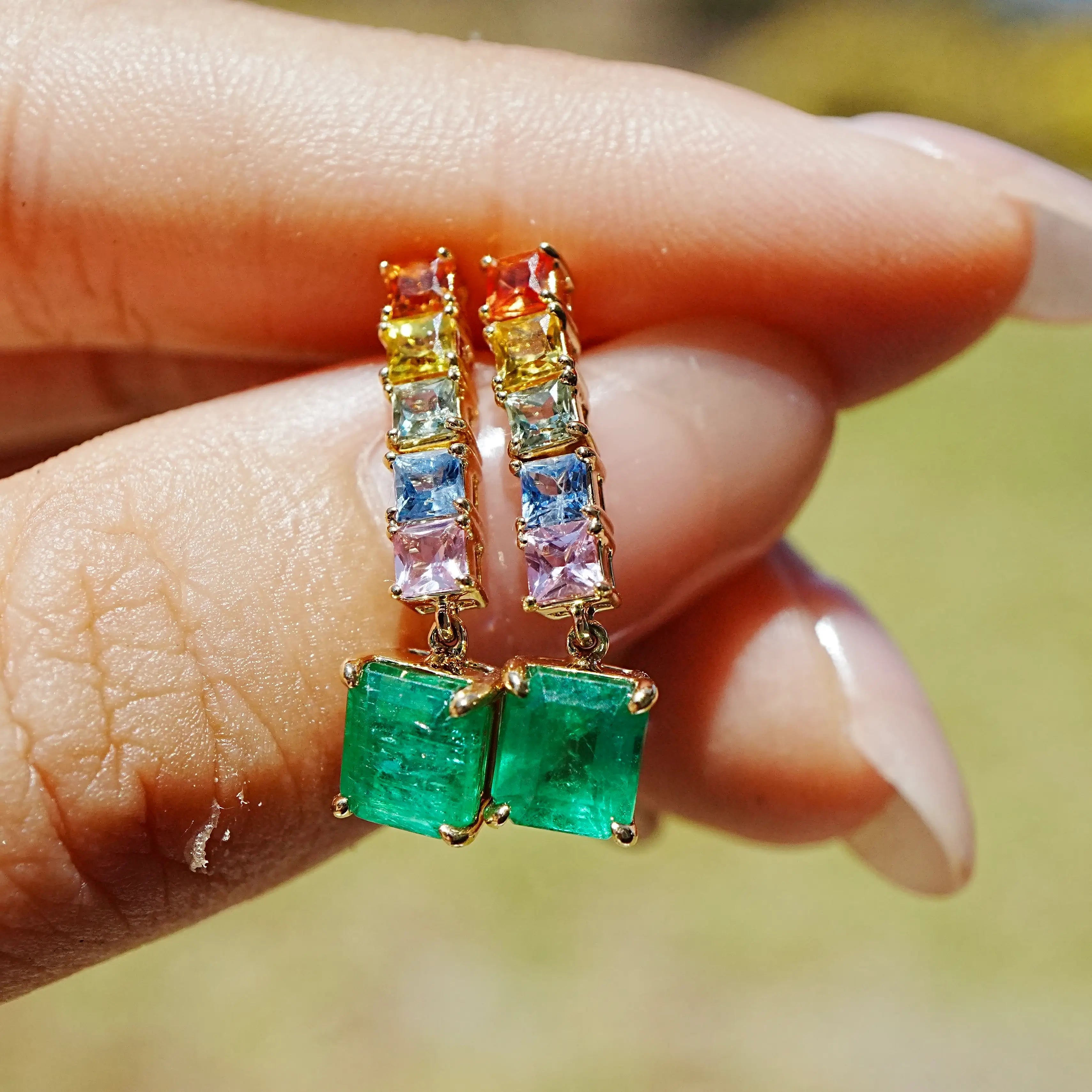 14k gold Garden Melody 3.56 ctw Natural Emerald & Sapphire Drop Earrings (One-of-a-Kind)