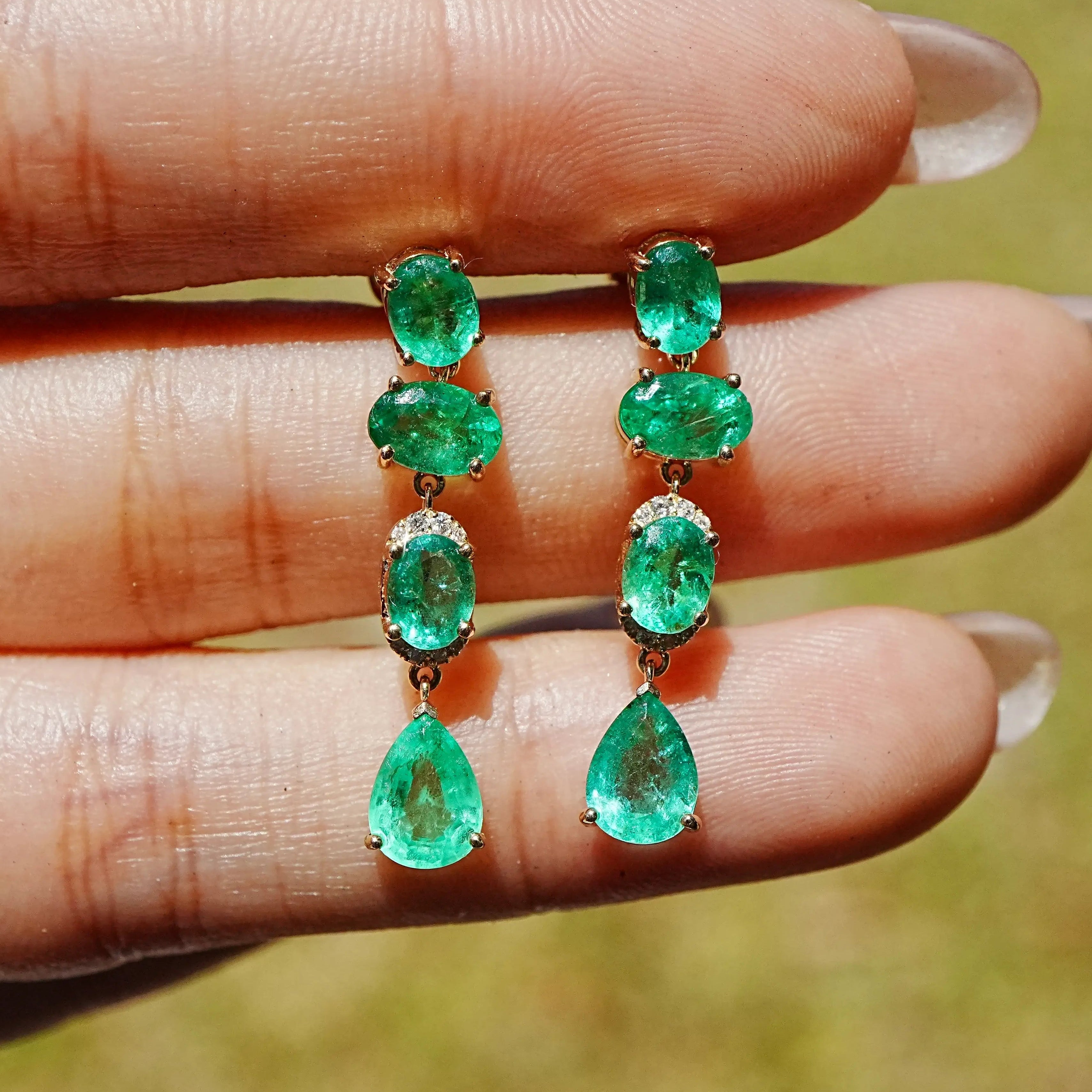 14k gold Garden Melody 3.92 ctw Natural Emerald & Diamond Drop Earrings (One-of-a-Kind)