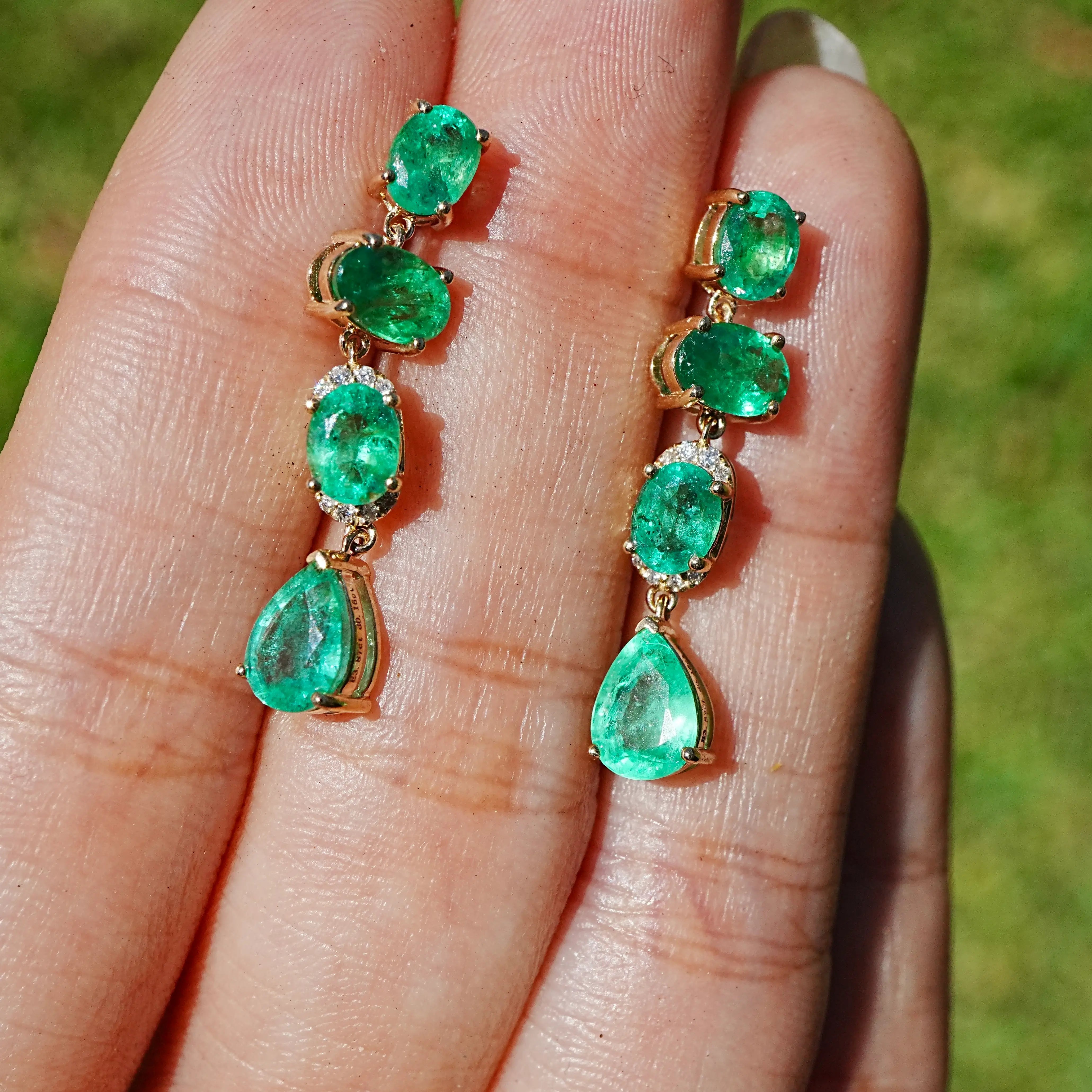 14k gold Garden Melody 3.92 ctw Natural Emerald & Diamond Drop Earrings (One-of-a-Kind)