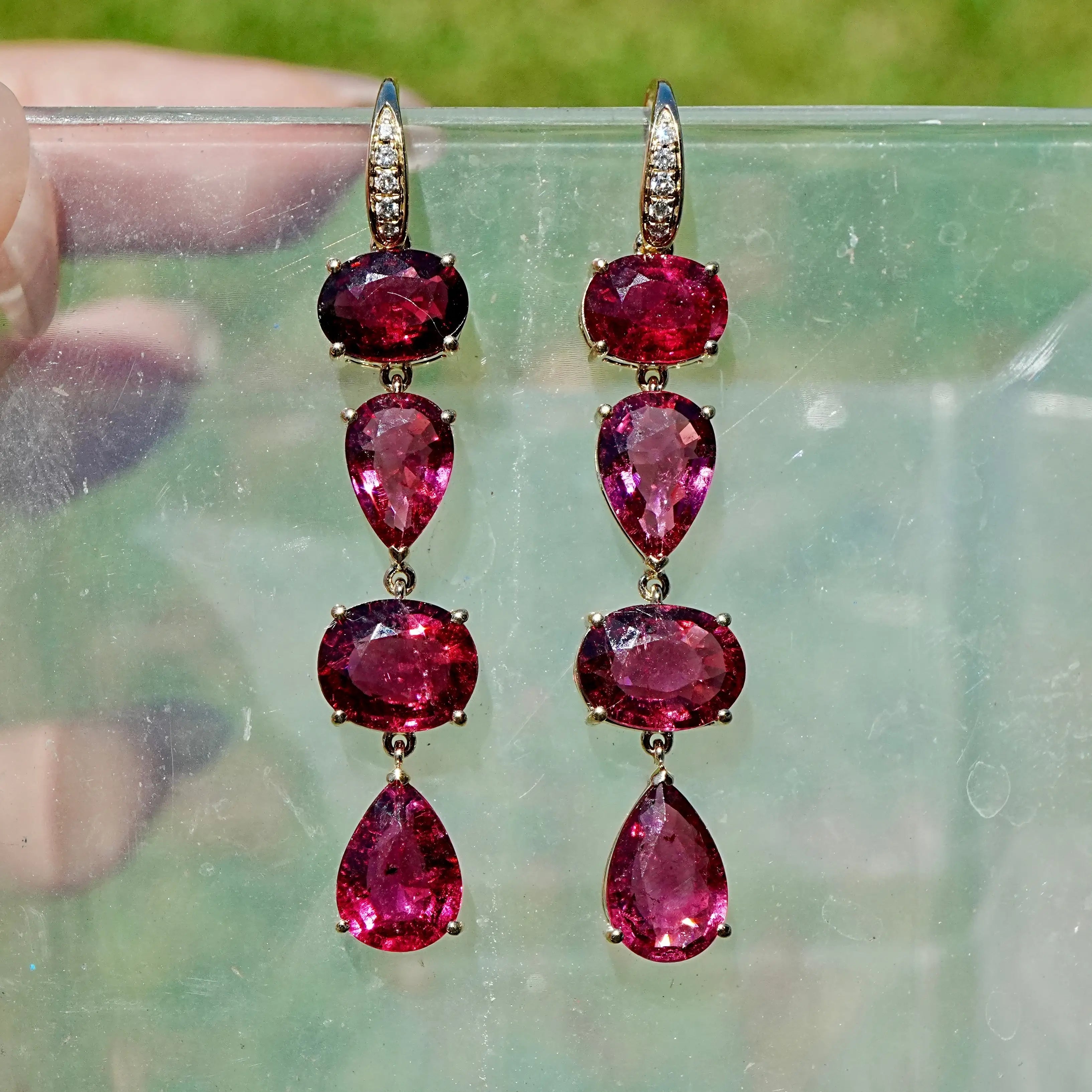 14k yellow gold Garden Melody 8.18 ctw Natural Rubellite & Diamond Drop Earrings (One-of-a-Kind)