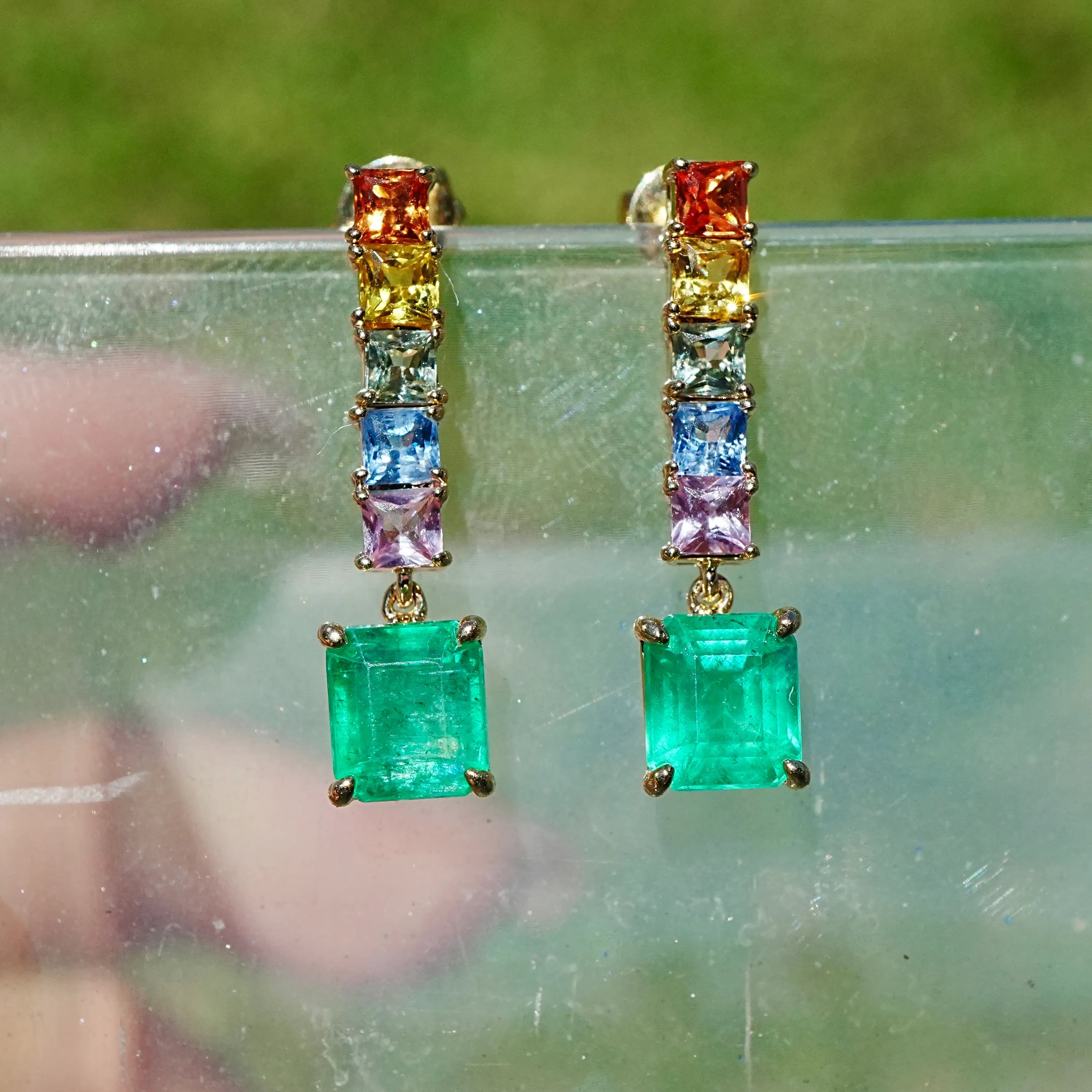 14k gold Garden Melody 3.56 ctw Natural Emerald & Sapphire Drop Earrings (One-of-a-Kind)