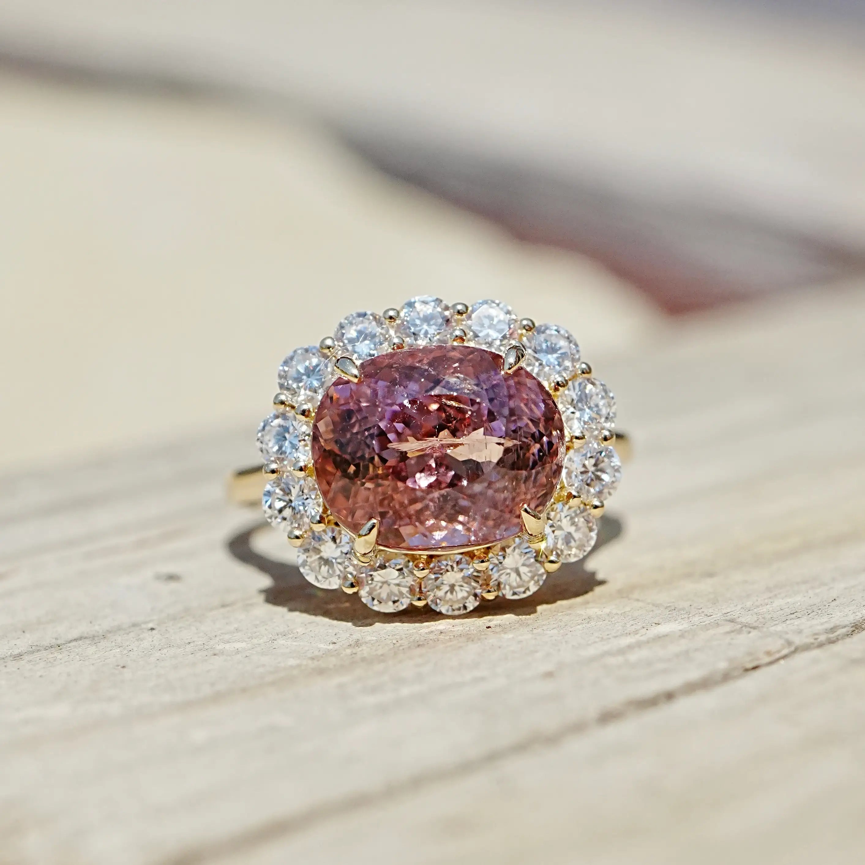 Eden Halo 6.06 ctw Natural Tourmaline & Lab Diamond East-West Ring in 14k yellow gold (One-of-a-Kind)