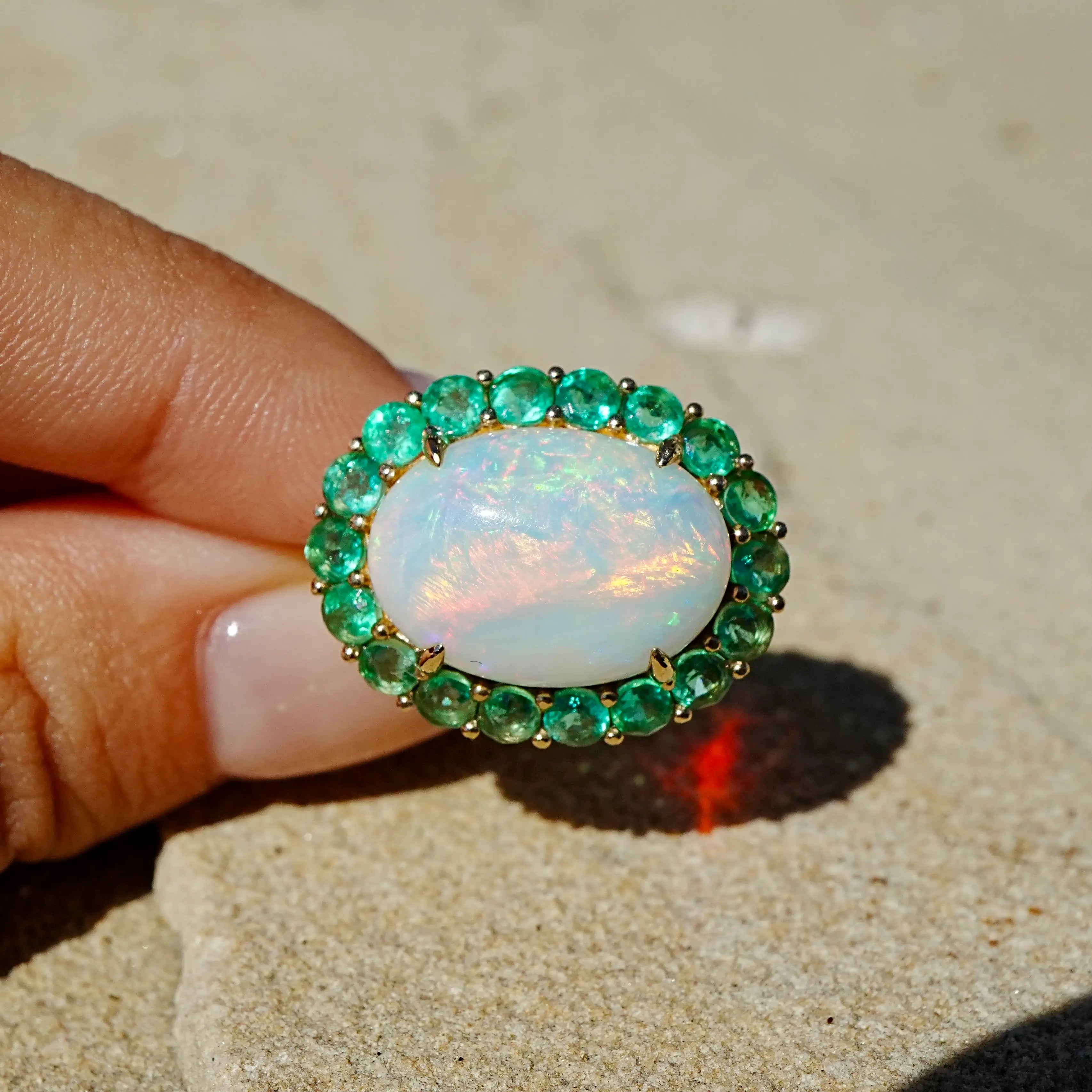Kai Fine Jewelry Eden Halo 9.40 ctw Natural Opal & Emerald East-West Ring Size7 (One-of-a-Kind)
