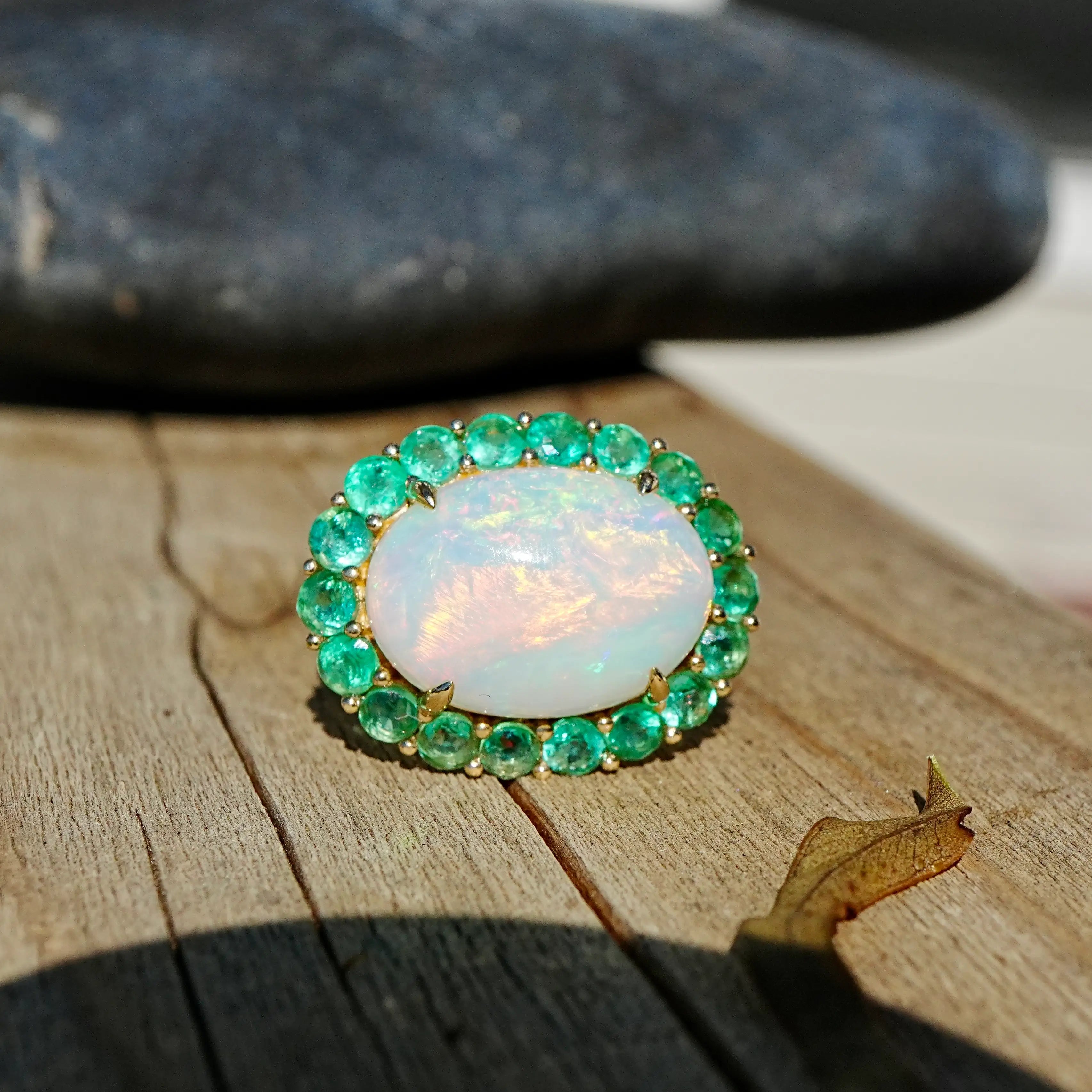 Kai Fine Jewelry Eden Halo 9.40 ctw Natural Opal & Emerald East-West Ring Size7 (One-of-a-Kind)