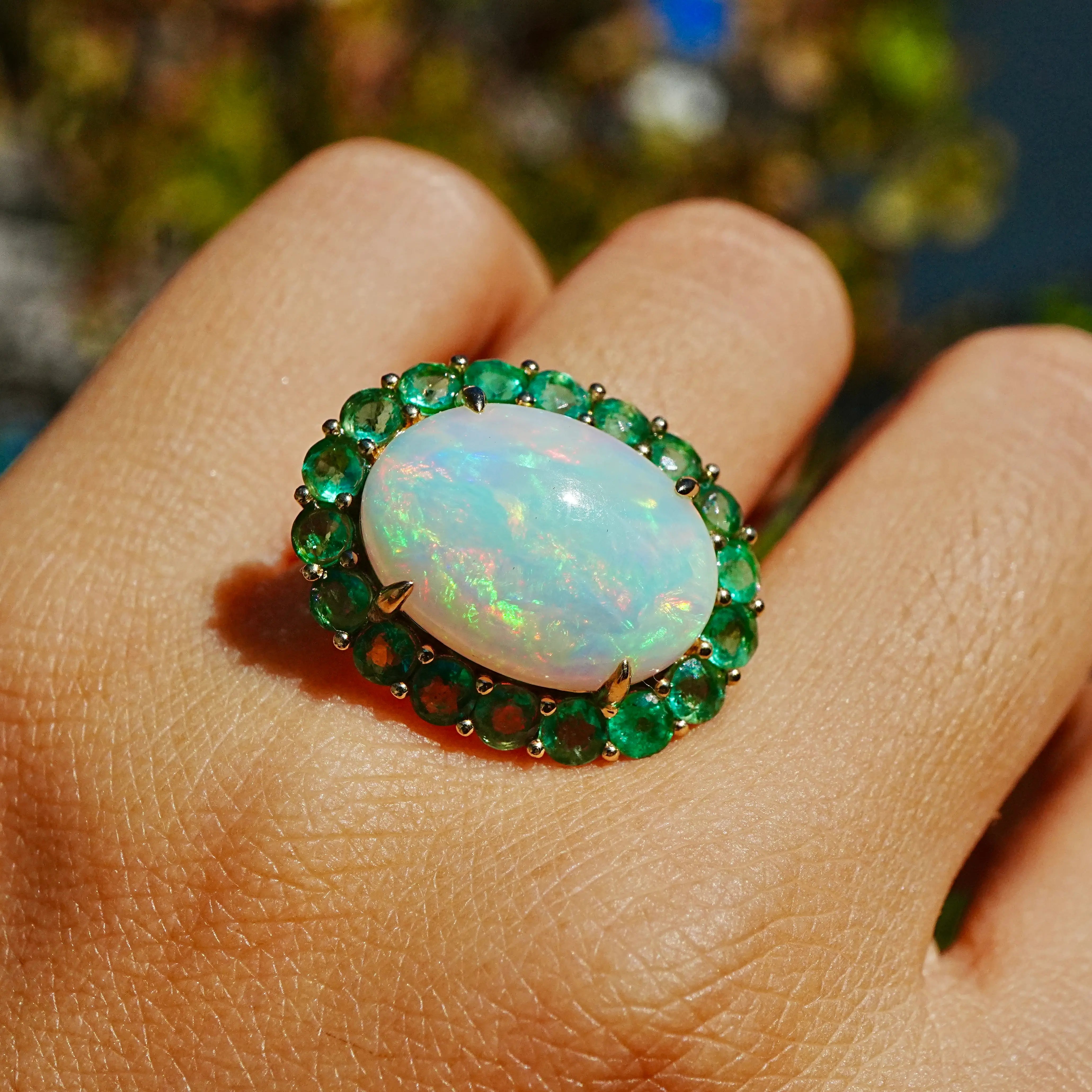 Kai Fine Jewelry Eden Halo 9.40 ctw Natural Opal & Emerald East-West Ring Size7 (One-of-a-Kind)