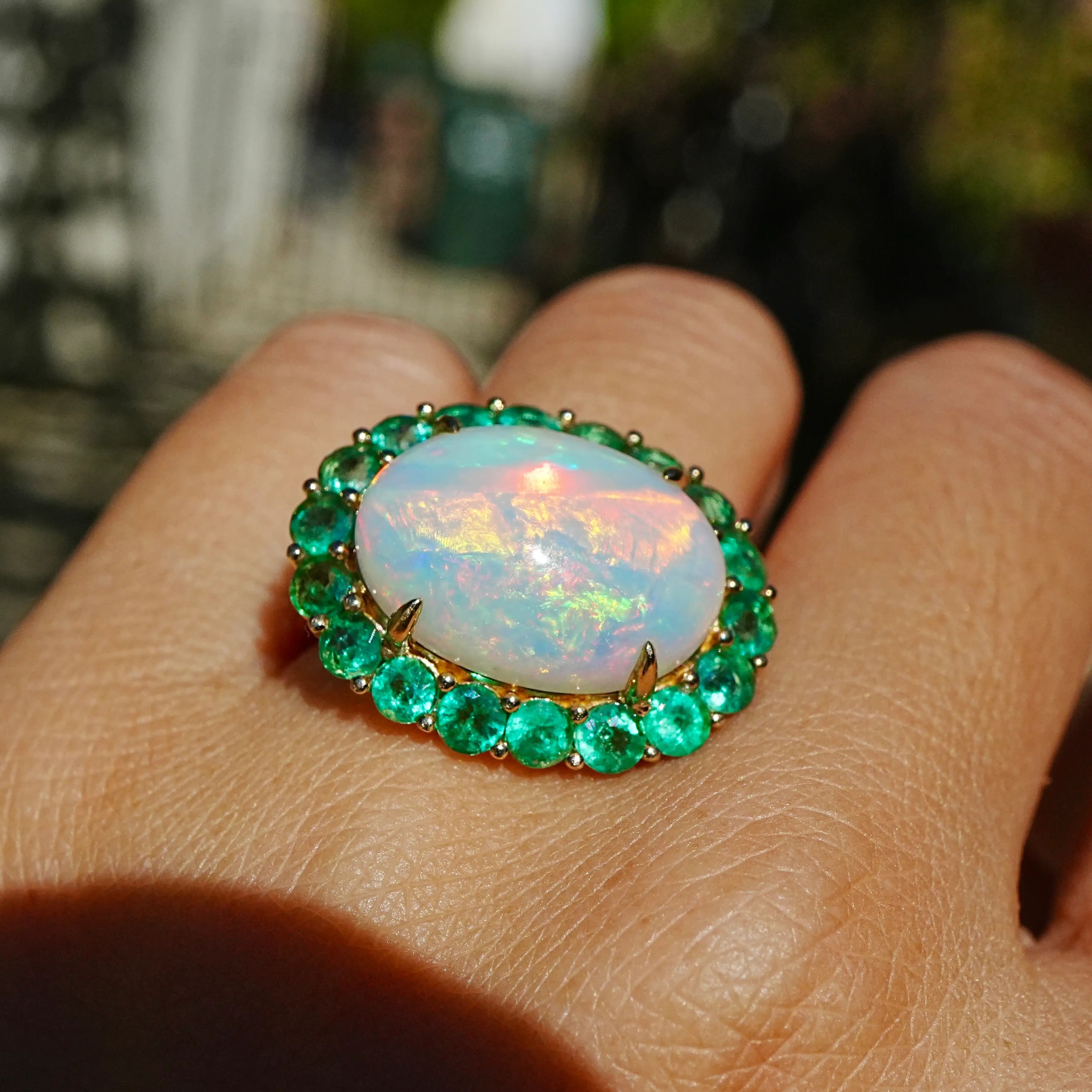 Kai Fine Jewelry Eden Halo 9.40 ctw Natural Opal & Emerald East-West Ring Size7 (One-of-a-Kind)