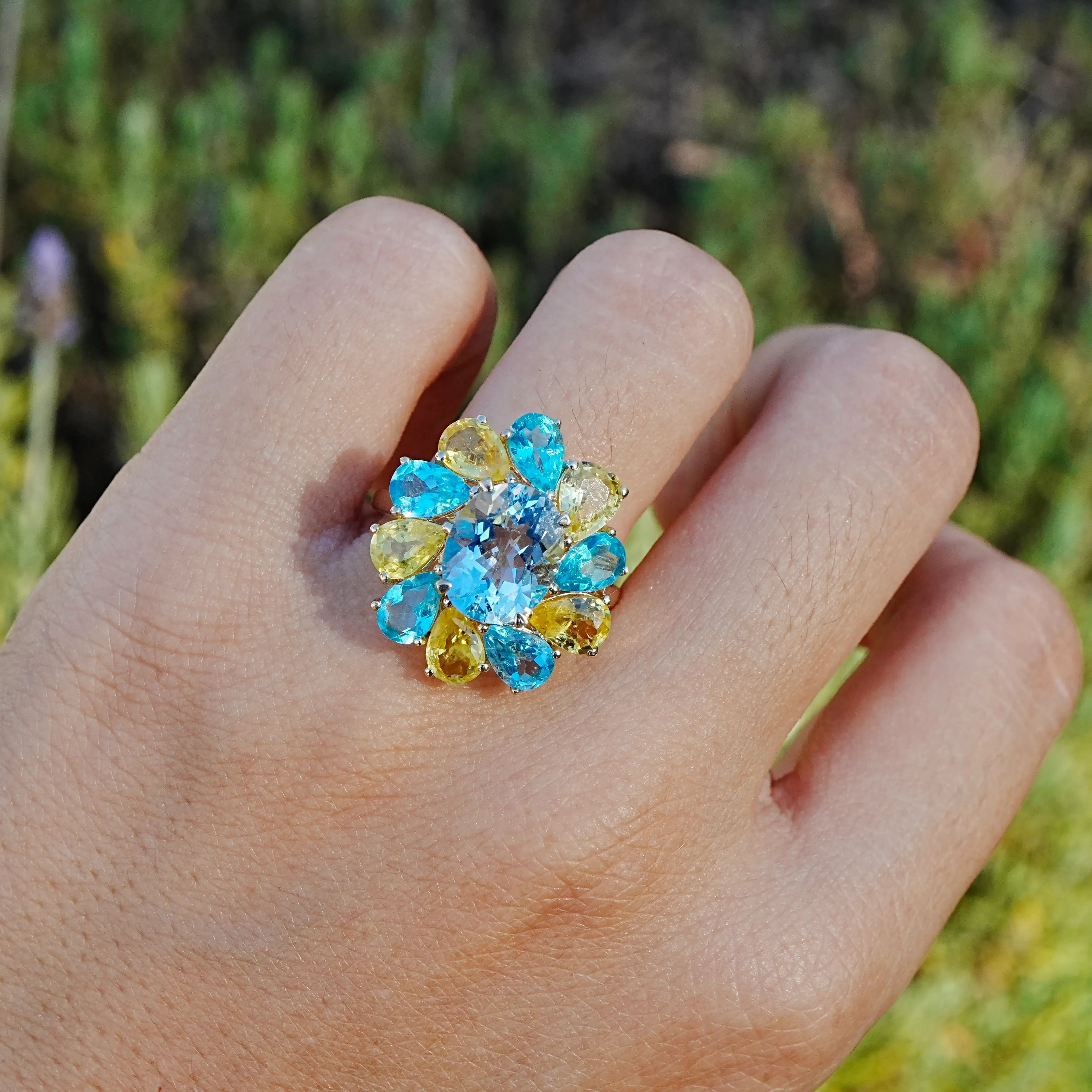 kai fine jewelry Melissa 7.05 ctw Natural Aquamarine, Yellow Sapphire & Apatite Ring size 7 (One-of-a-Kind)