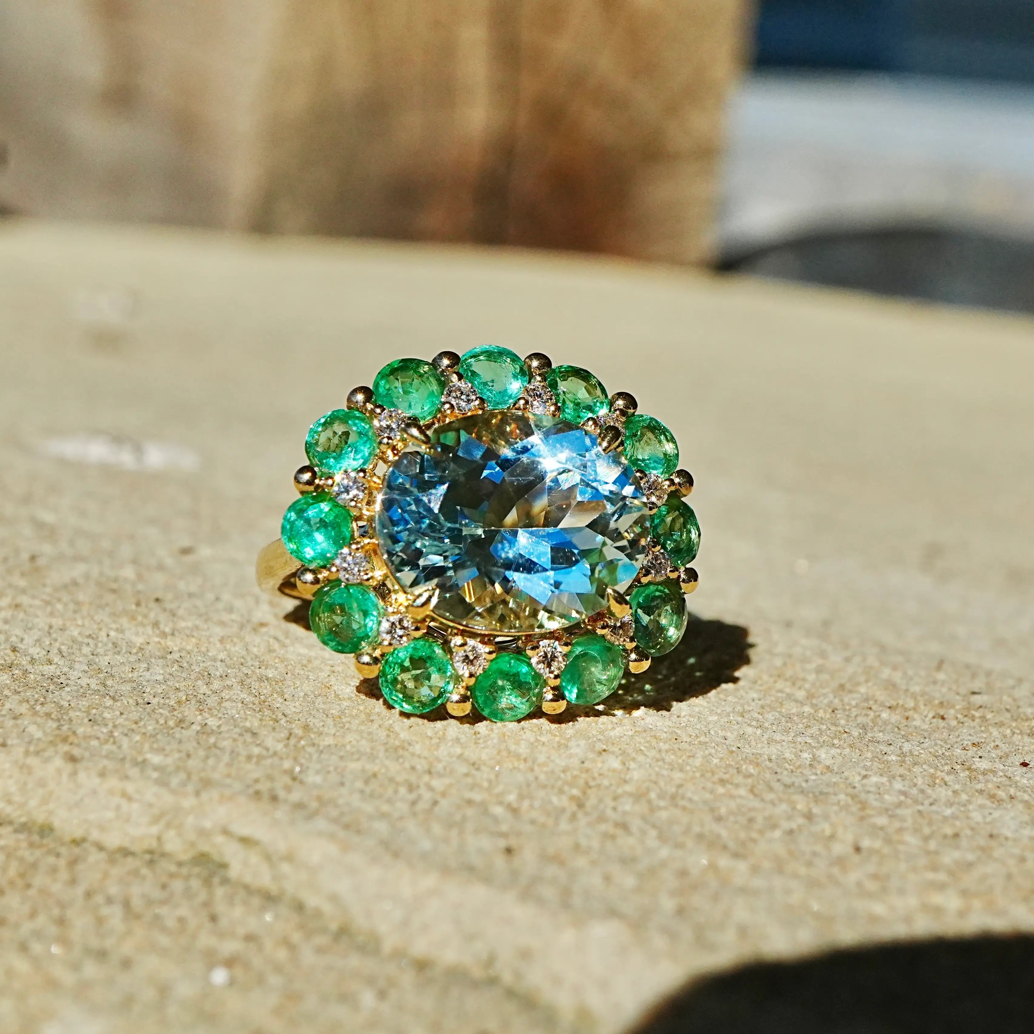 Kai Fine Jewelry Belle Halo 8.19 ctw Guild Certified Natural Aquamarine Emerald & Diamond East-West Ring Size 7 (One-of-a-Kind)