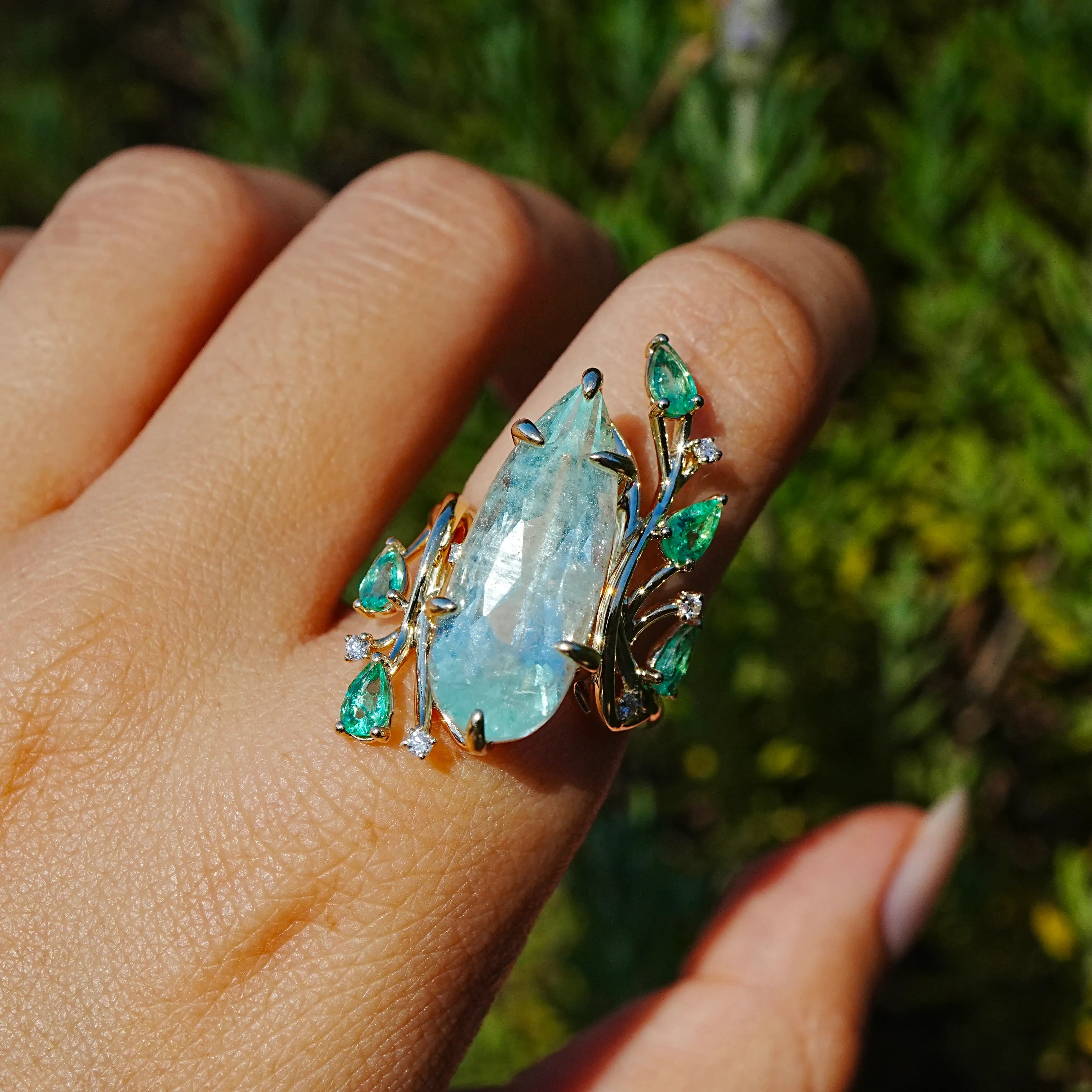 Enchanted Vine 10.35 ctw Guild Ceritified Green Beryl, Emerald & Diamond Ring (One-of-a-Kind)