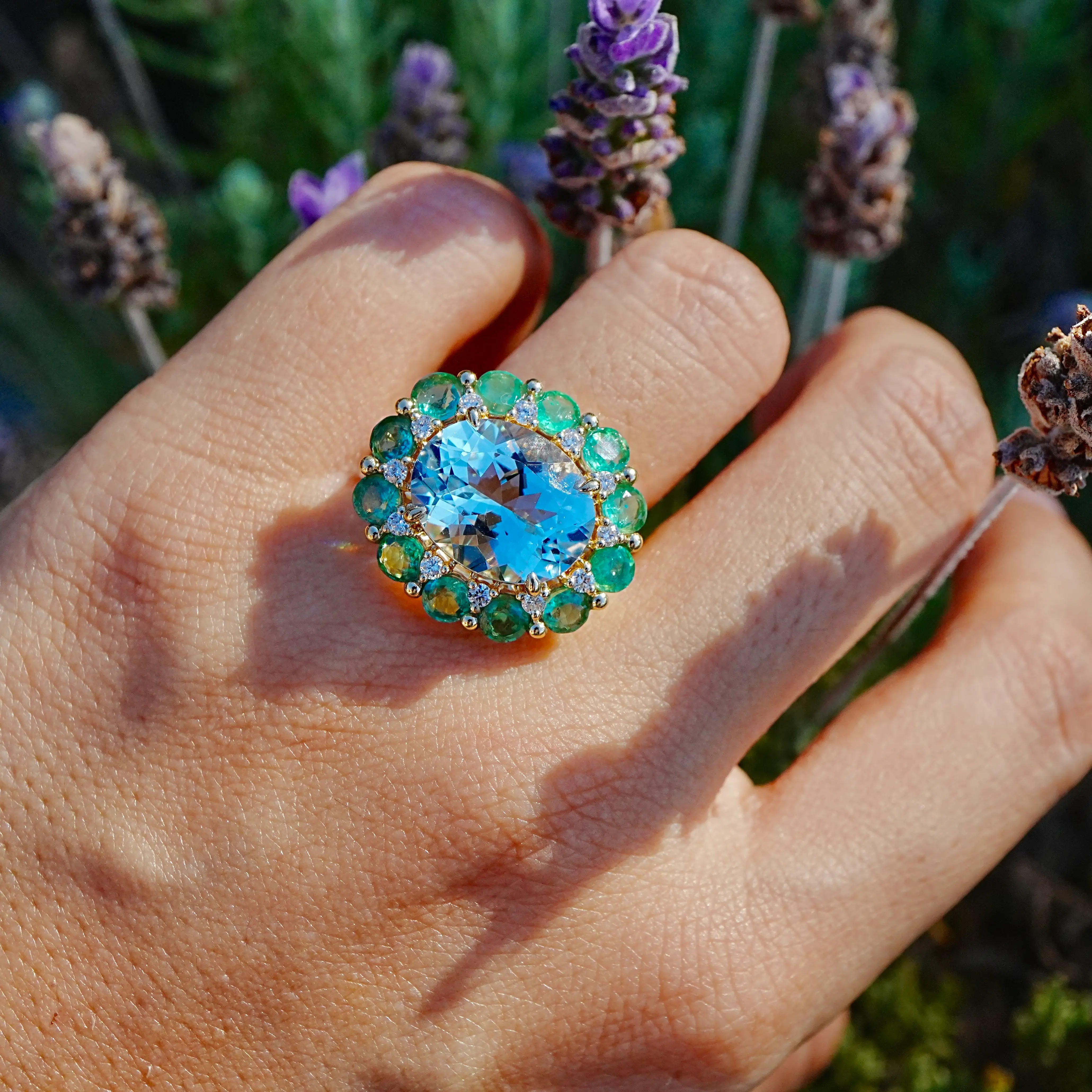 Kai Fine Jewelry Belle Halo 8.19 ctw Guild Certified Natural Aquamarine Emerald & Diamond East-West Ring Size 7 (One-of-a-Kind)