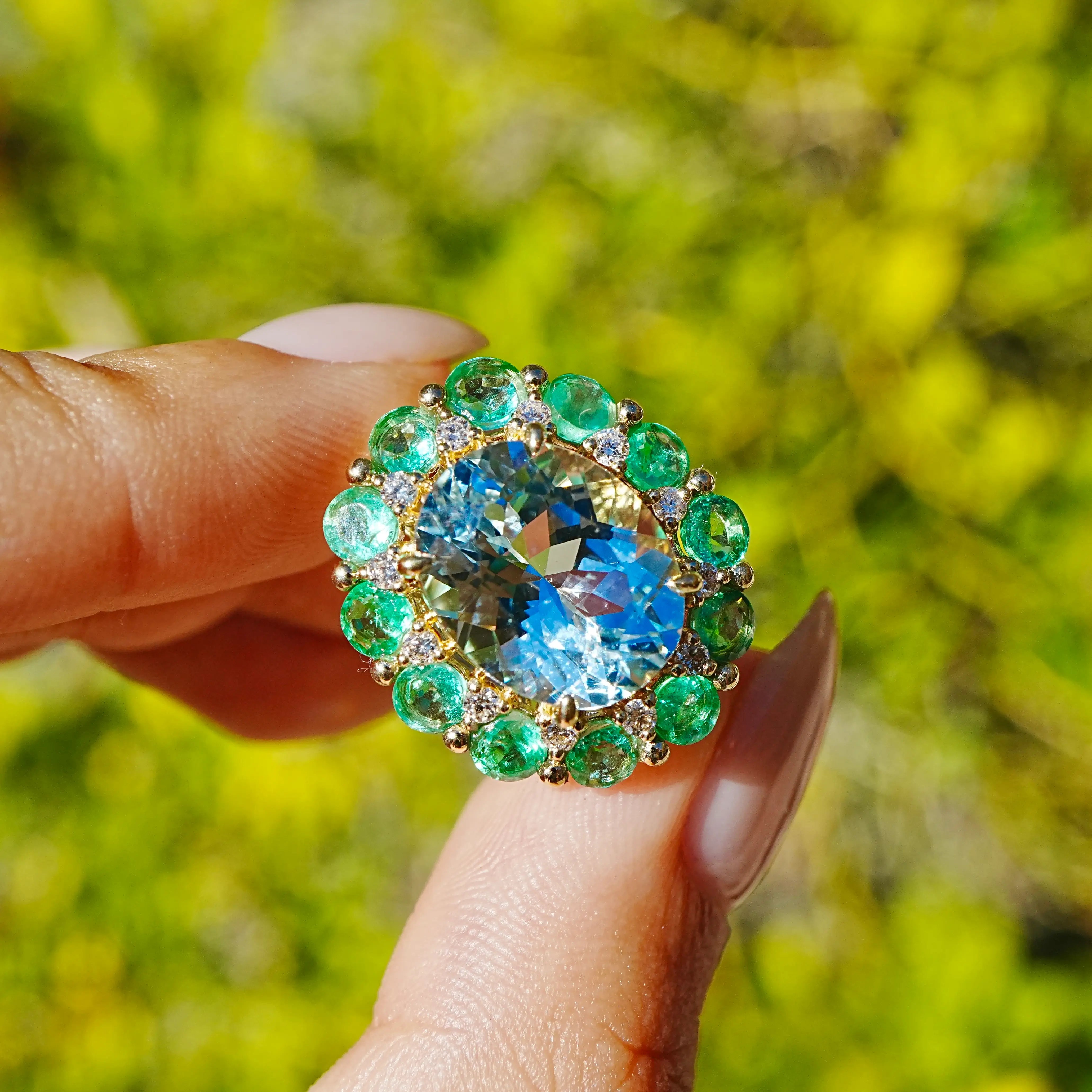 Kai Fine Jewelry Belle Halo 8.19 ctw Guild Certified Natural Aquamarine Emerald & Diamond East-West Ring Size 7 (One-of-a-Kind)